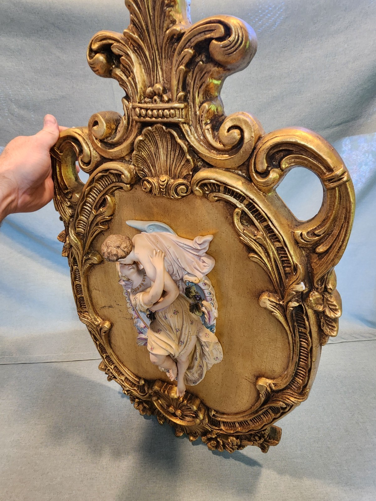 Antique Wall Plaque Pair of Lovers Figural Porcelain Bisque Figurine Couple