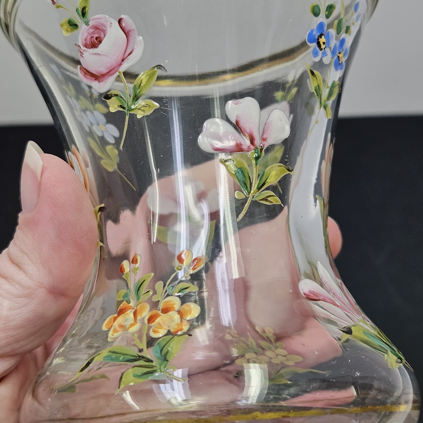 VTG French Style Hand Painted Enamel Flowers Glass Vase Victorian Cottagecore
