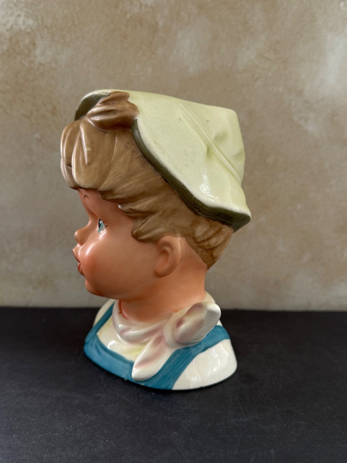VINTAGE LADY HEAD VASE BRINNS BLONDE YOUNG BOY HAT SCARF 6.5”