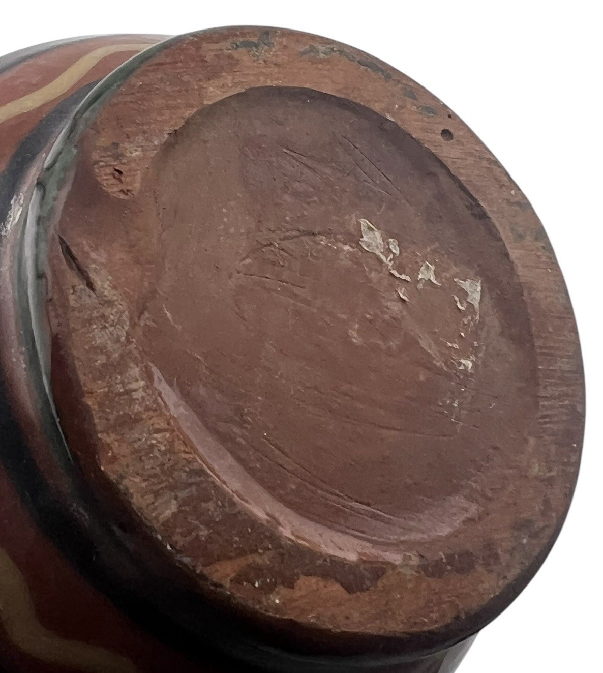 Handmade Redware Art Pottery Vase Green Blue Yellow Stripes 7″ x 3”