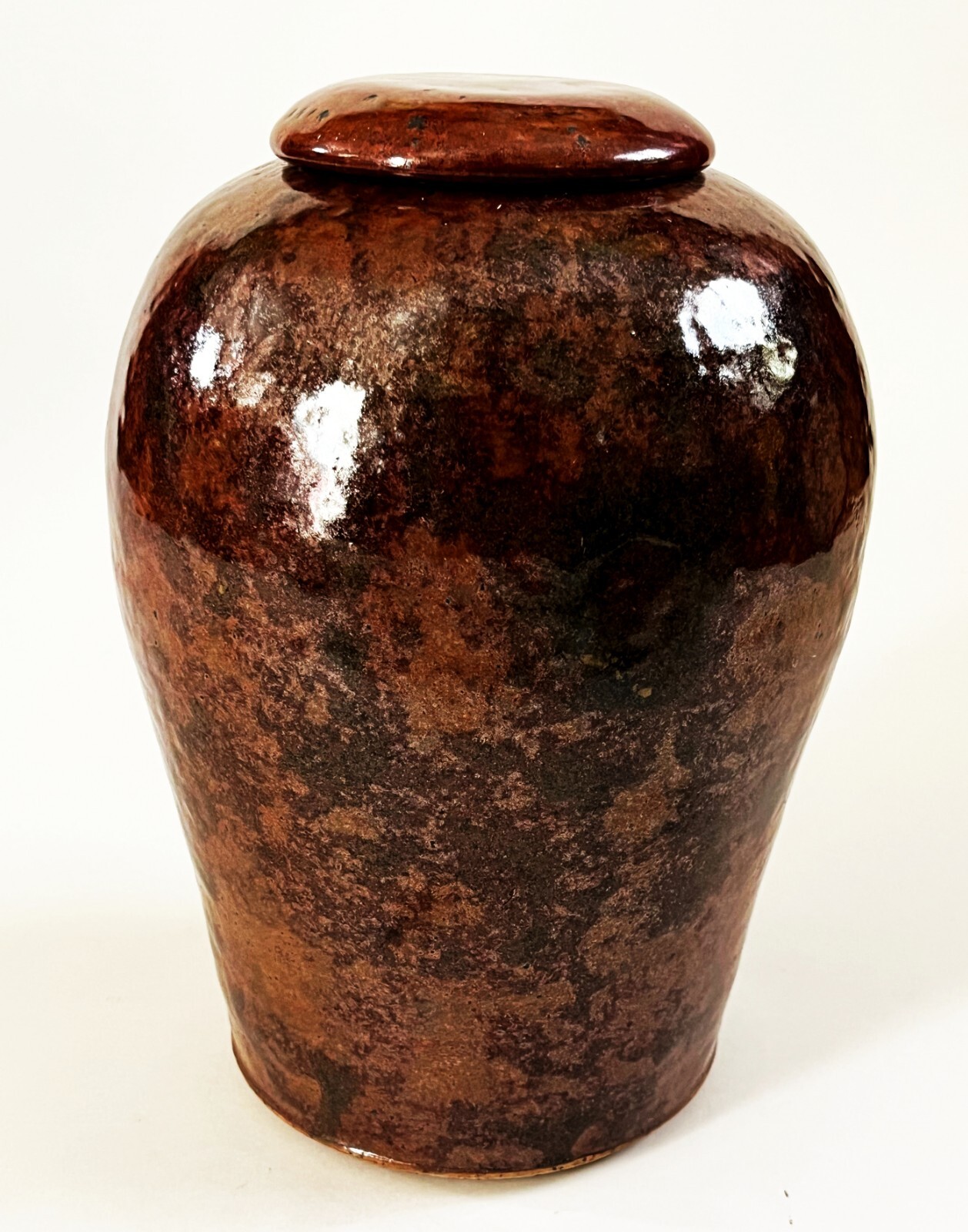 ARTS CRAFTS MISSION STYLE LIDDED JAR VASE HAMMERED COPPER GLAZE STUDIO POTTERY