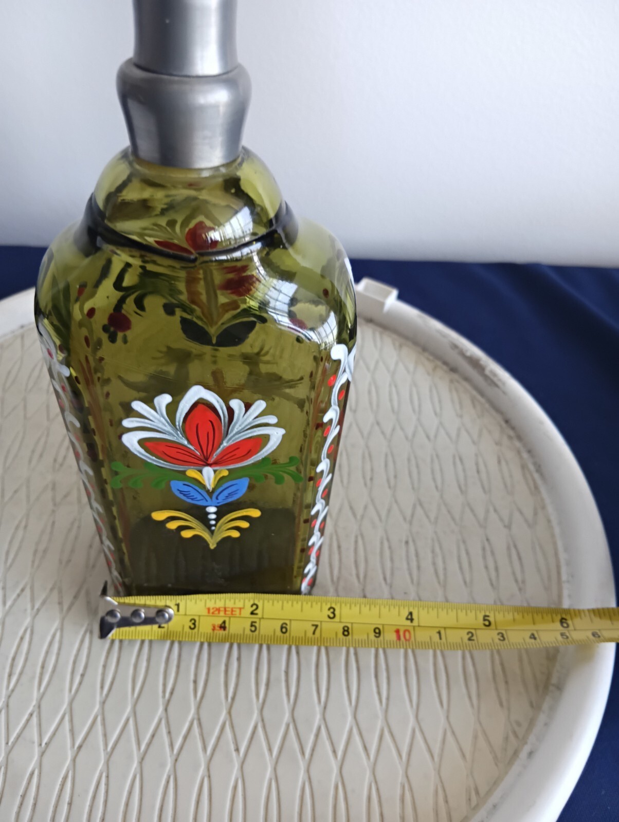 Vintage Blown Green Glass Reproduction Hand Painted Enamel Bottle w/ Pewter Top
