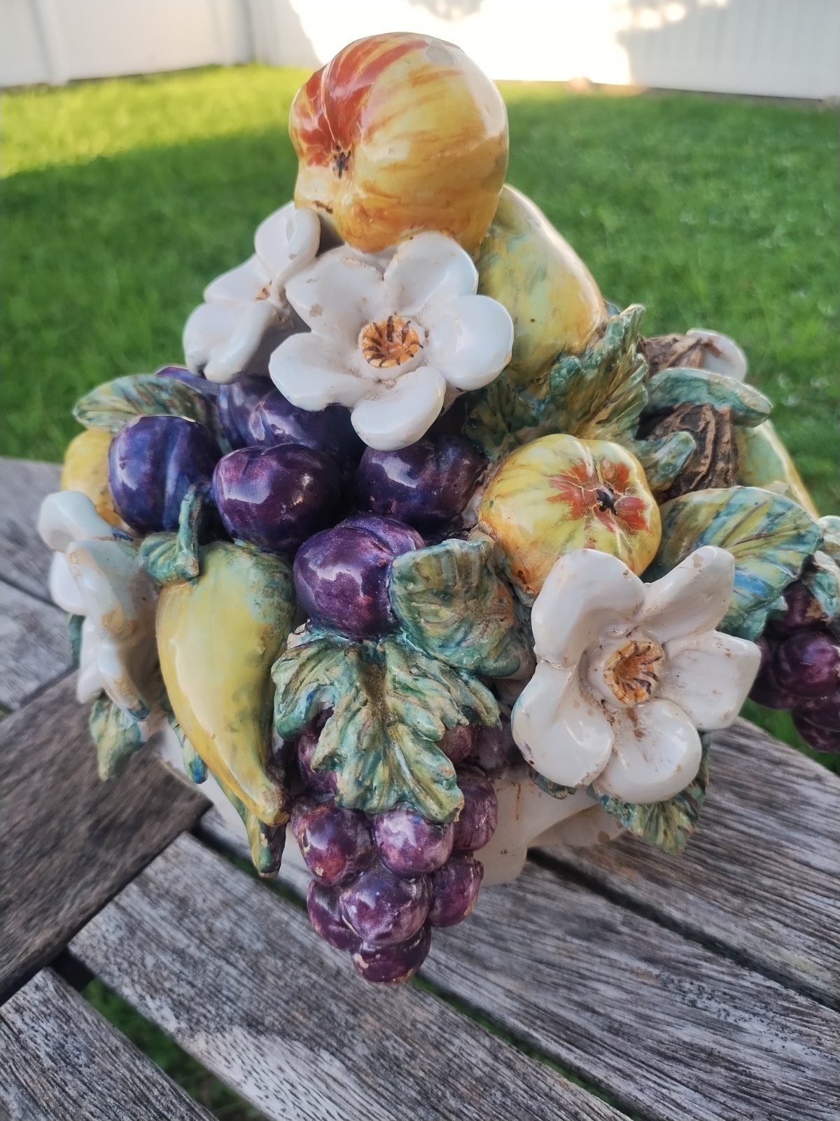 VINTAGE FRENCH BARBOTINE MAJOLICA POTTERY FRUIT AND WALNUTS BASKET CENTERPIECE