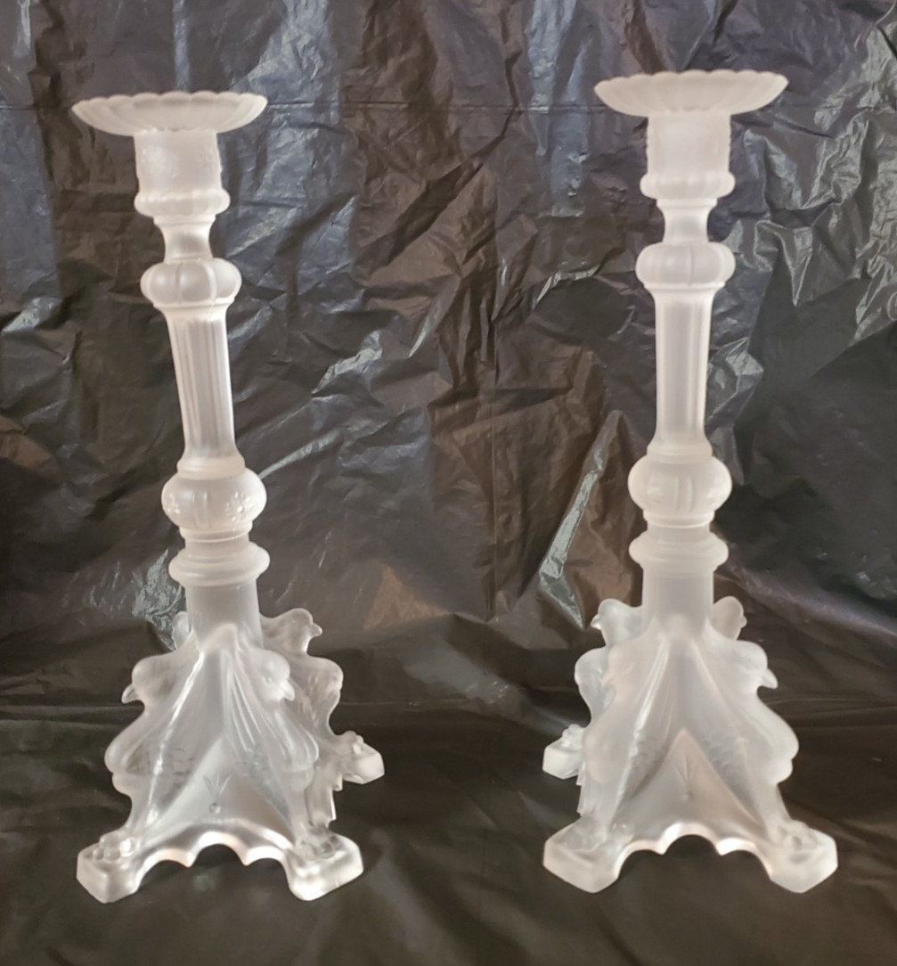 Pair Signed Val Saint Lambert Frosted Glass Candlestick Holders