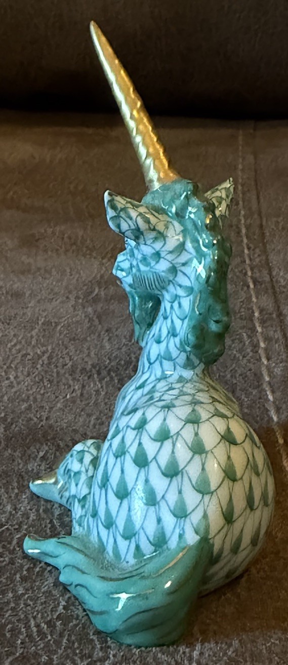 Herend Hungary Porcelain Fishnet Unicorn Figurine ~ Green & Gold