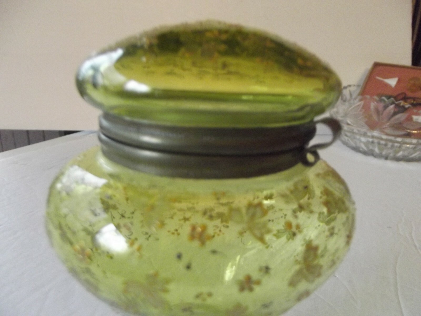 Hinged Jar Antique Green Glass enamel polychrome bohemian Moser Czech victorian