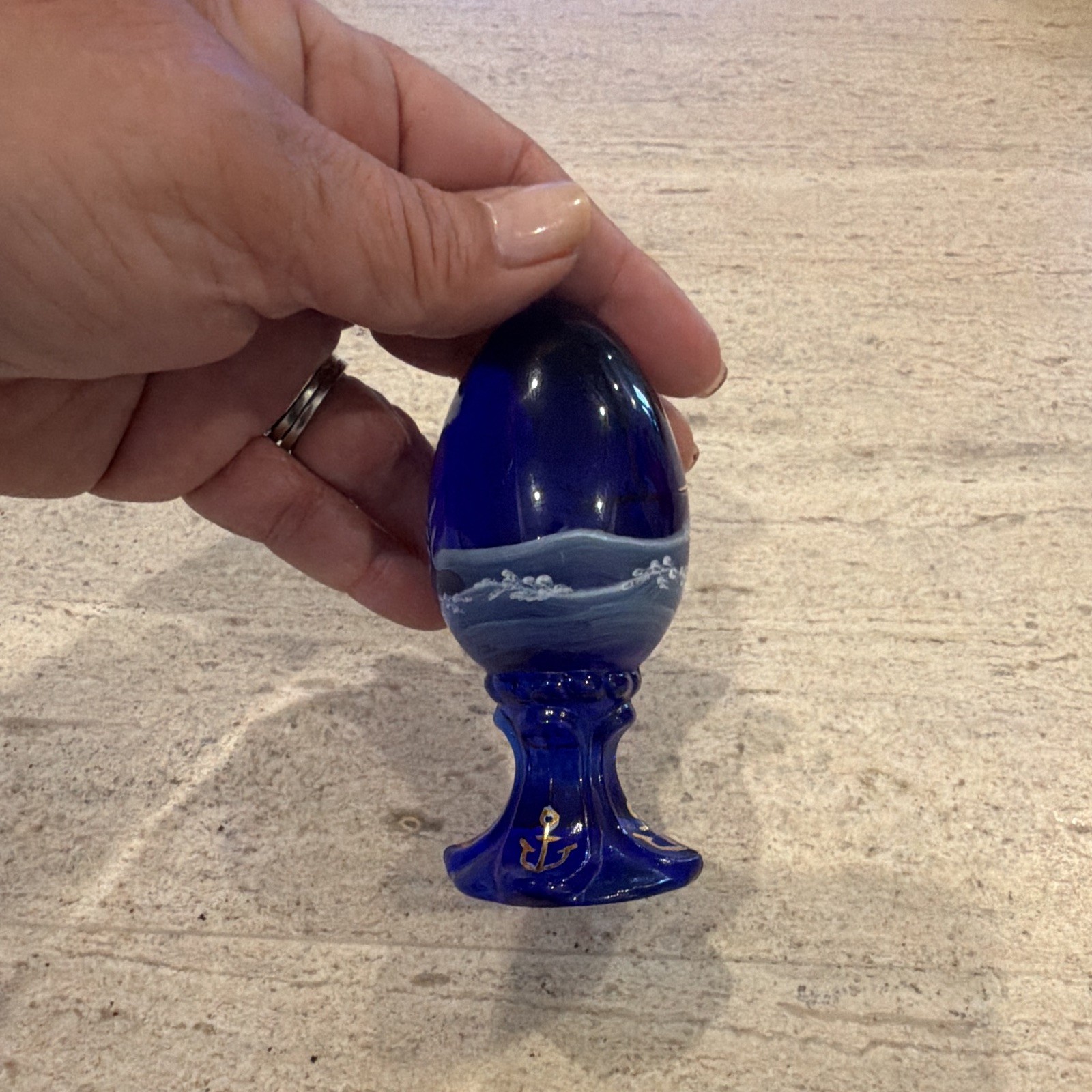 Blue Glass Handpainted Egg-Shaped Paperweight Sailing Ship Anchor #2307/3000