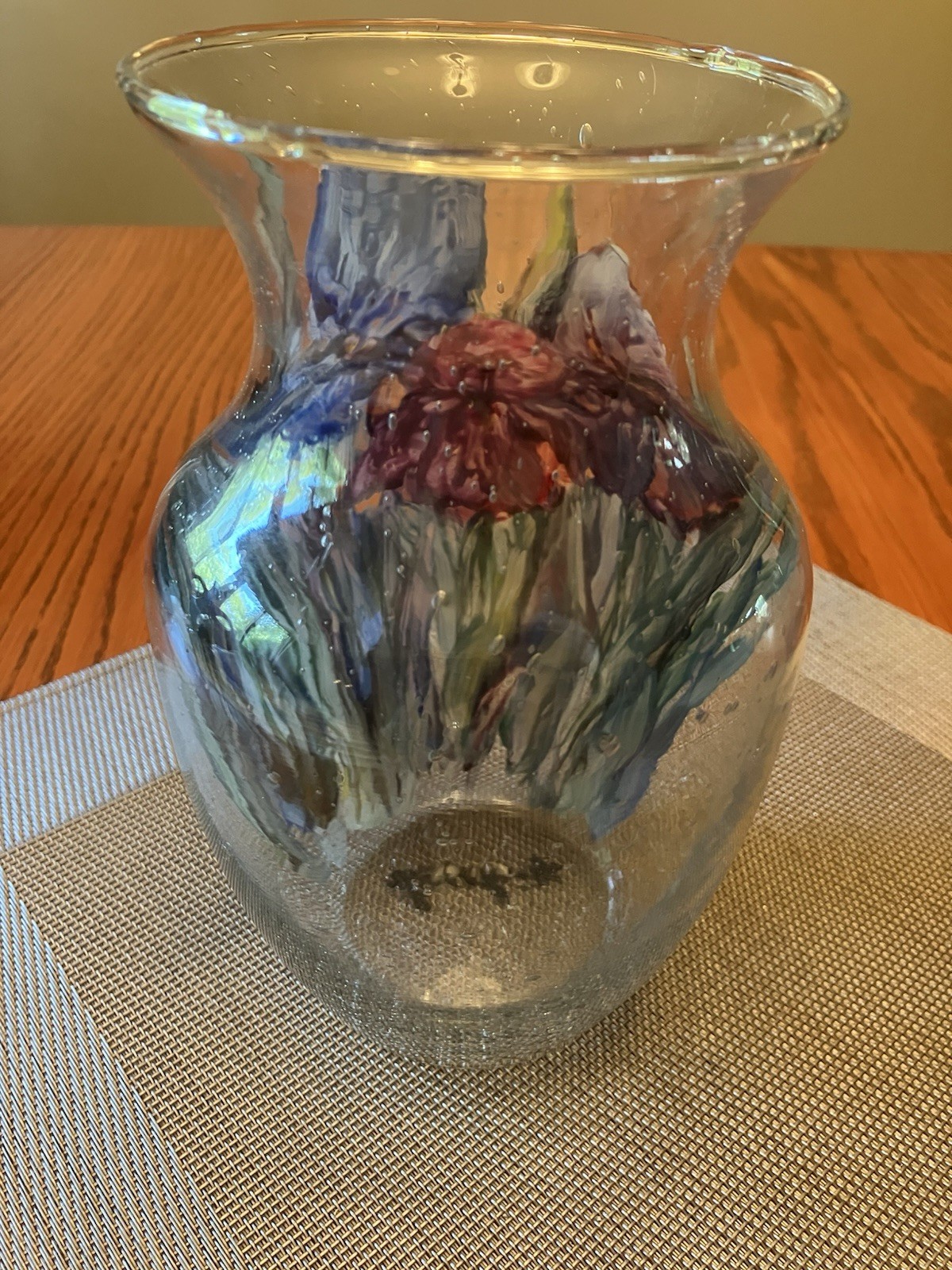 Mary Wolf Floral Impressionist Style Hand Painted Glass Vase Vintage Signed 8”