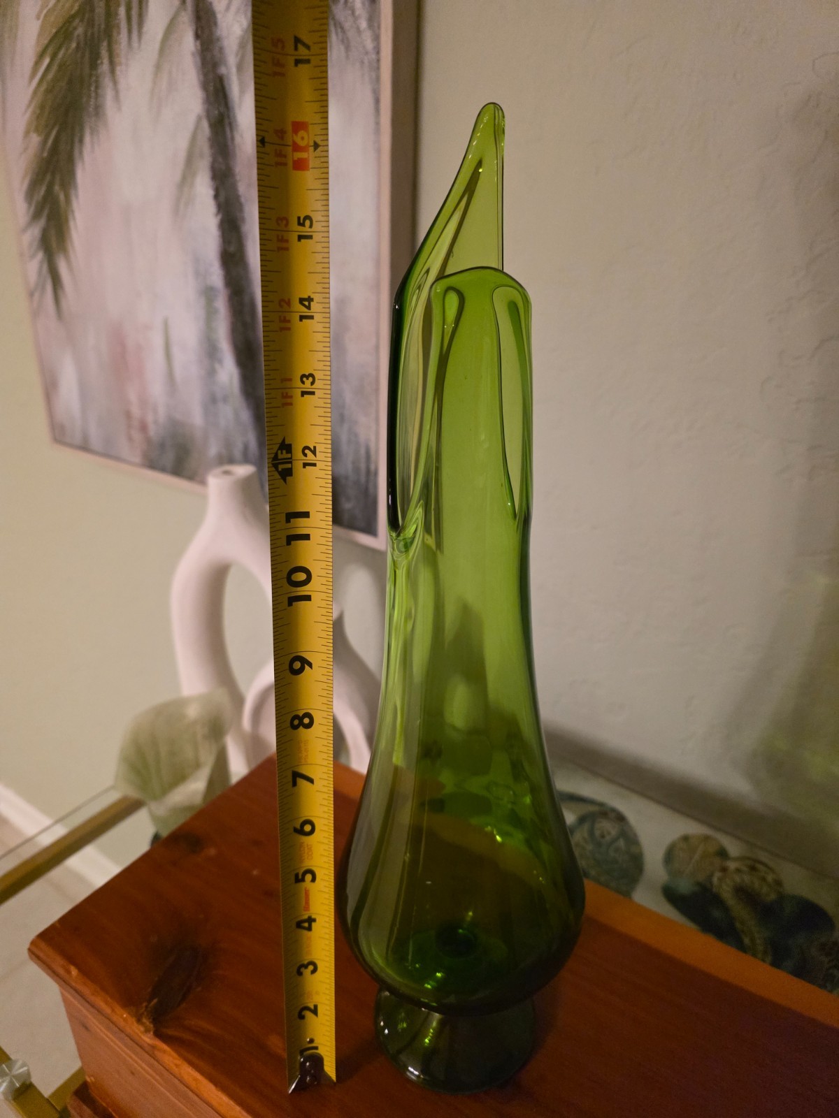 Vintage L.E. Smith Avocado Green Pedestal Swung Vase 16.5″ MCM Simplicity UV