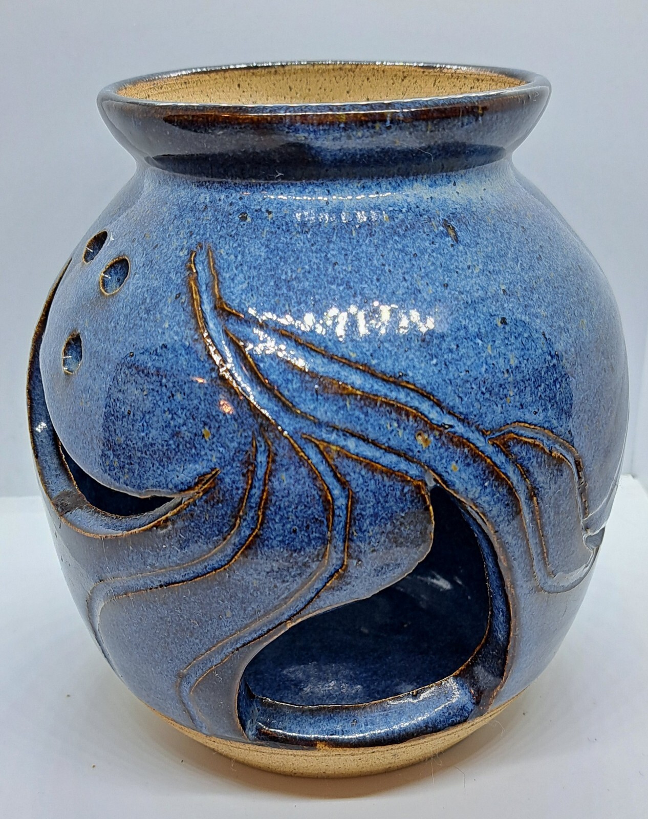 Art Pottery Blue Glazed Pierced Tea Light Candleholder Signed 7 inches EUC