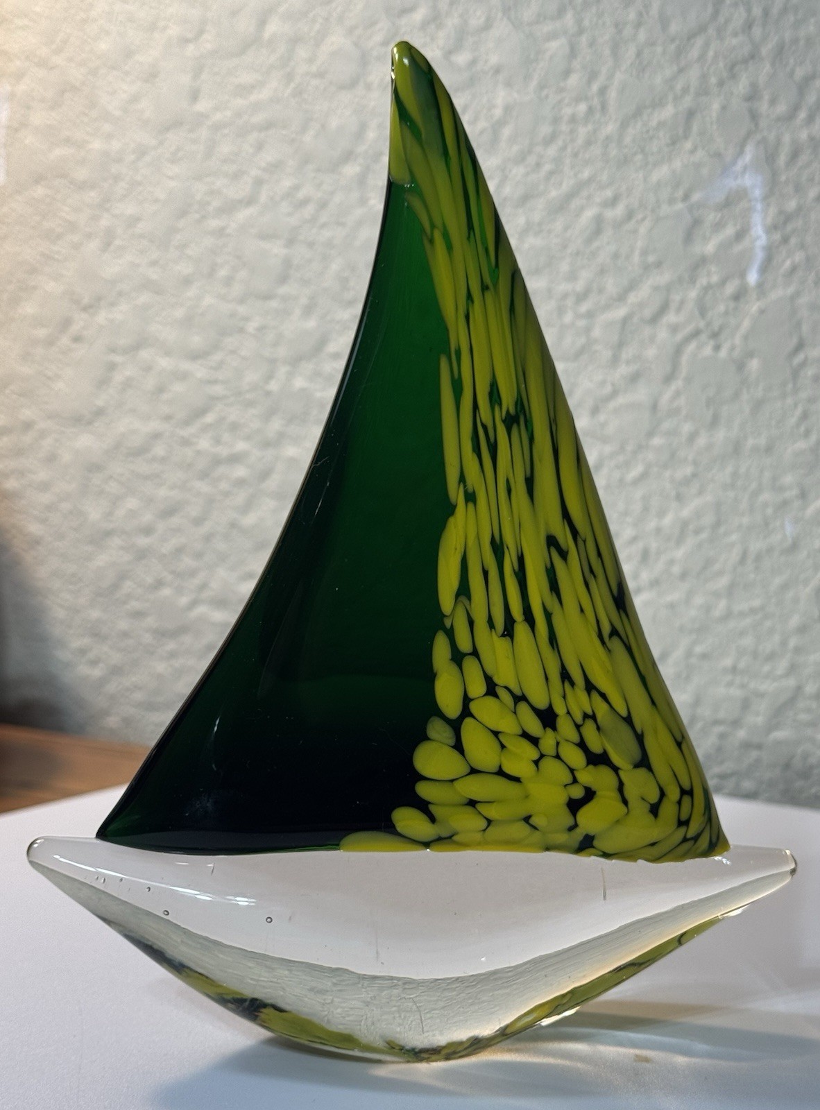 Vinci Hand Fused Art Glass Sailboat Murano Inspired Yellow & Green Paperweight
