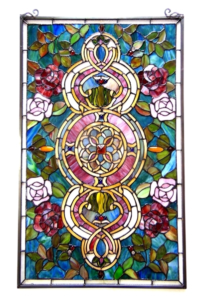 Stained Glass Window Panels 2 ea Floral Medallion Design 20″ X 32″ MATCHING PAIR