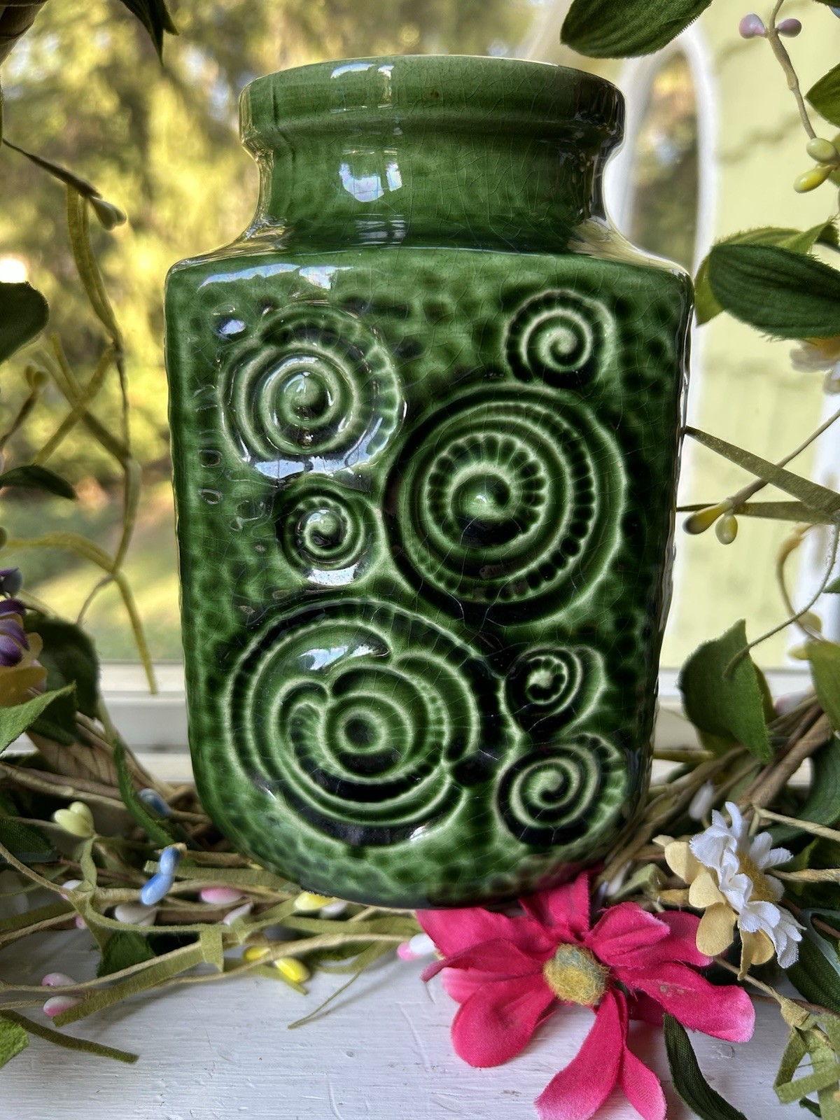 Vtg Scheurich Jura Vase Set 2 Green W Germany Art Pottery 1970’s Excellent