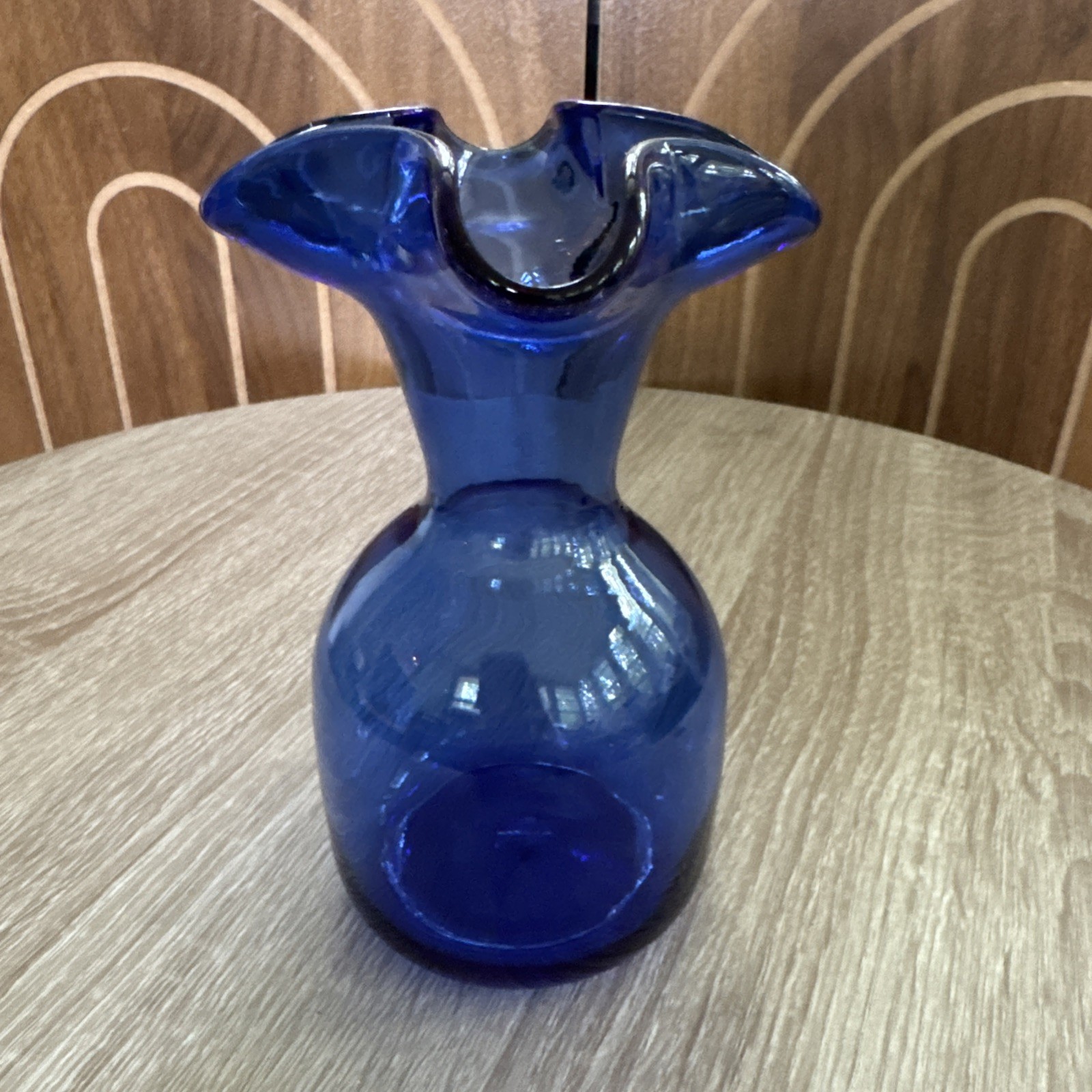 Vintage Hand Blown Cobalt Blue Glass Vase 5.75” Ruffled Edge Mid Century Decor