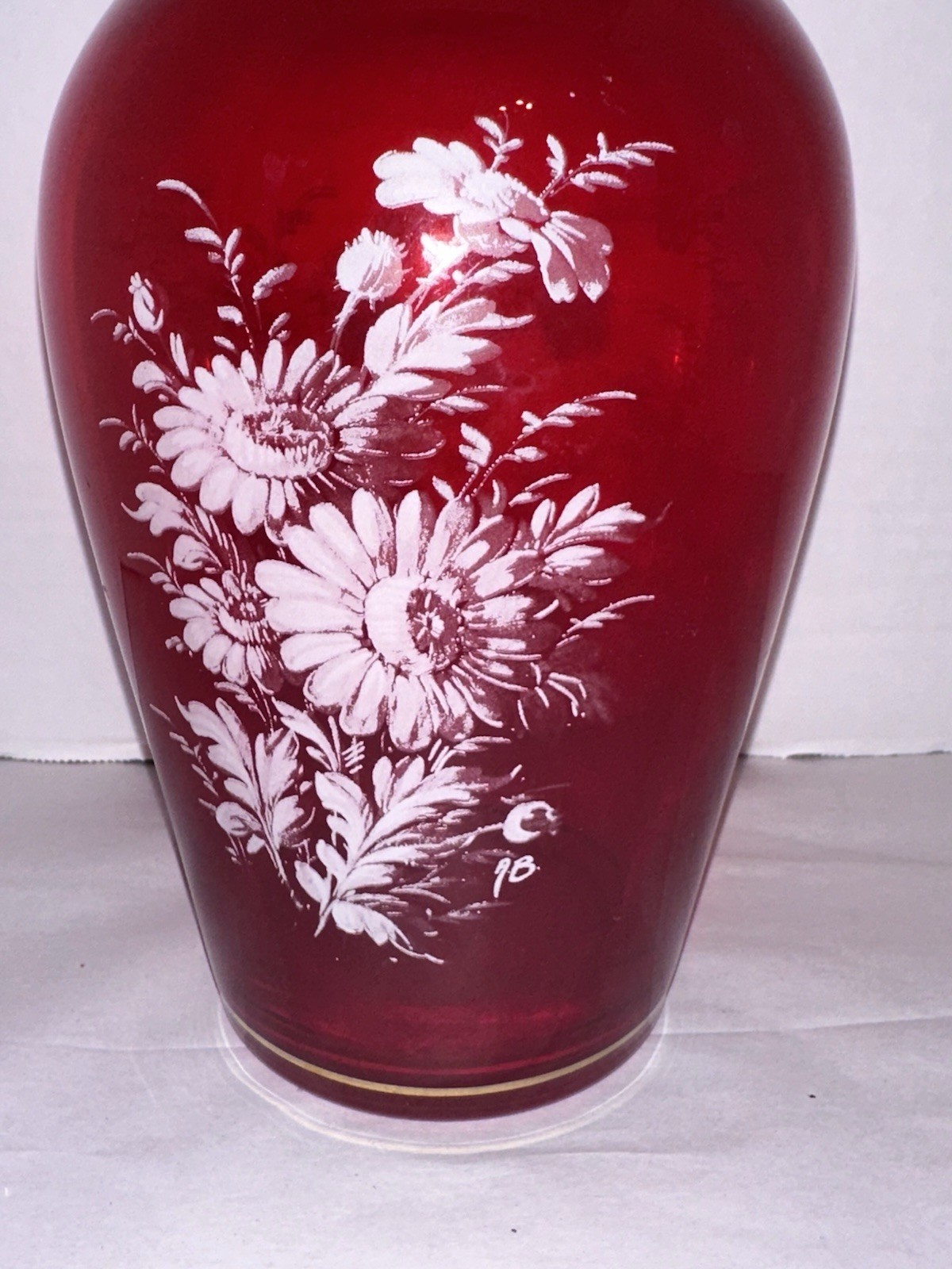 VTG Norleans Lipstick Red Gold Rim White Flowers Painted Vase Signed AB