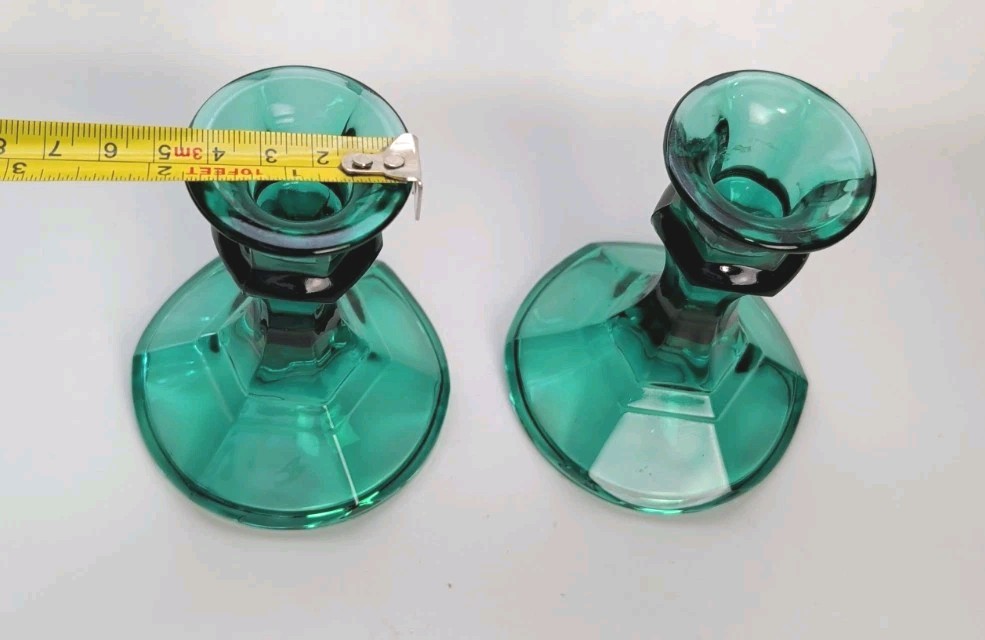 Vintage Pair Indiana Glass Teal Green Glass Candle Stick / Holder 4.5″ tall