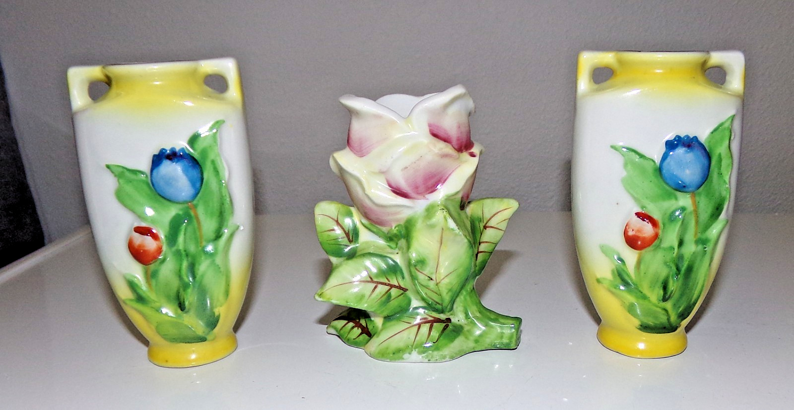 Vintage 3Pc Occupied Japan Majolica Hand Painted Miniature Cabinet Vases 3″-4″