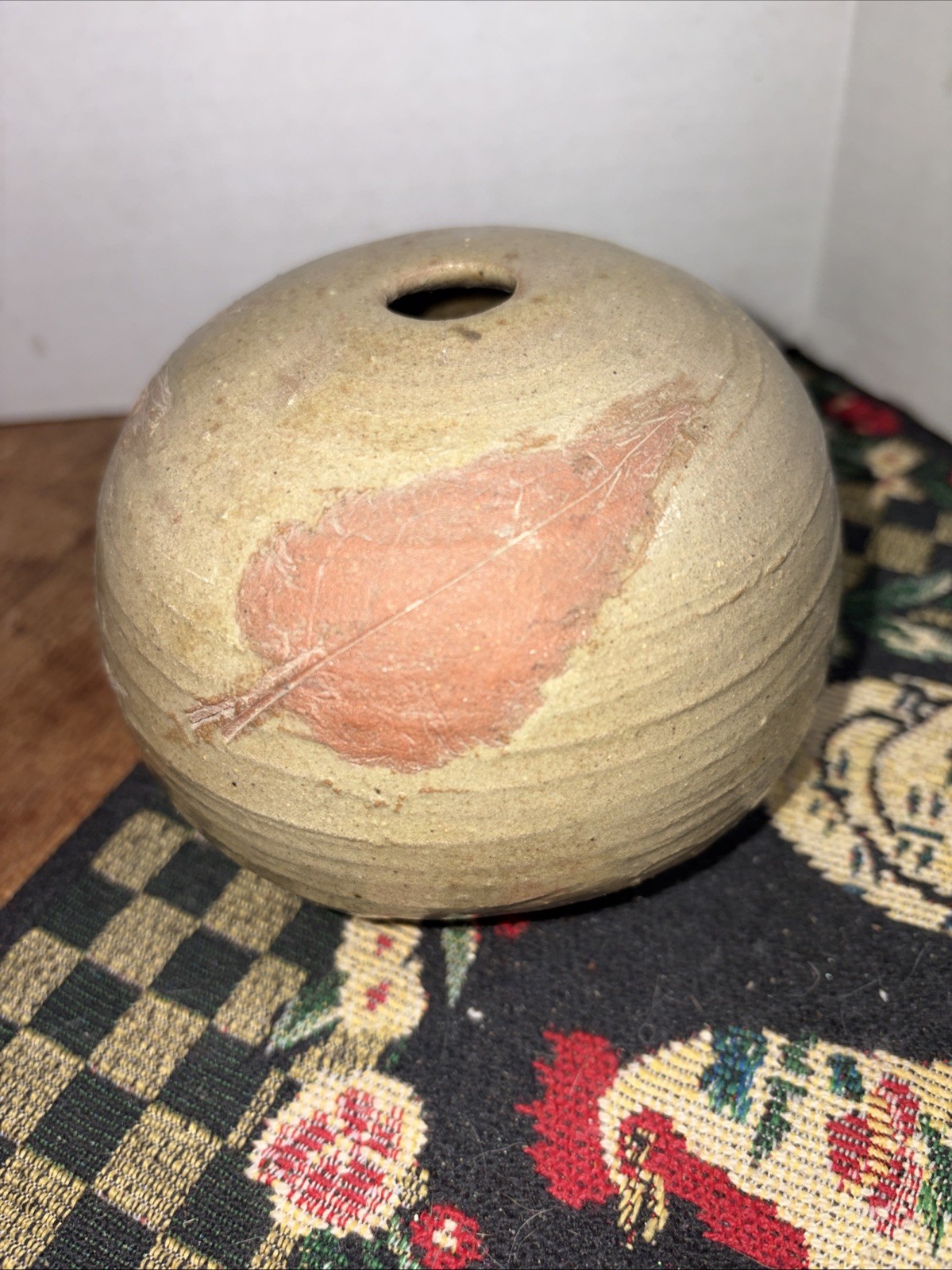 Studio Potter Bud Vase Spherical Shape Pressed Impressions Leaves
