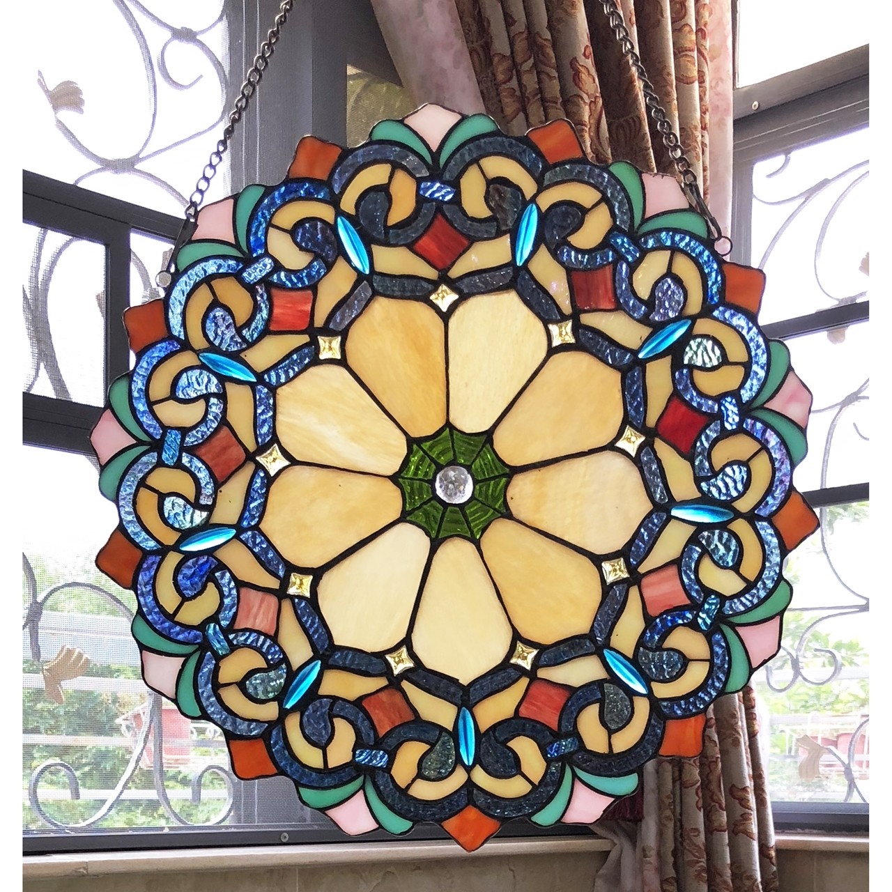 Stained Glass Window Panel 18″ Round Victorian Tiffany Style LAST ONE THIS PRICE