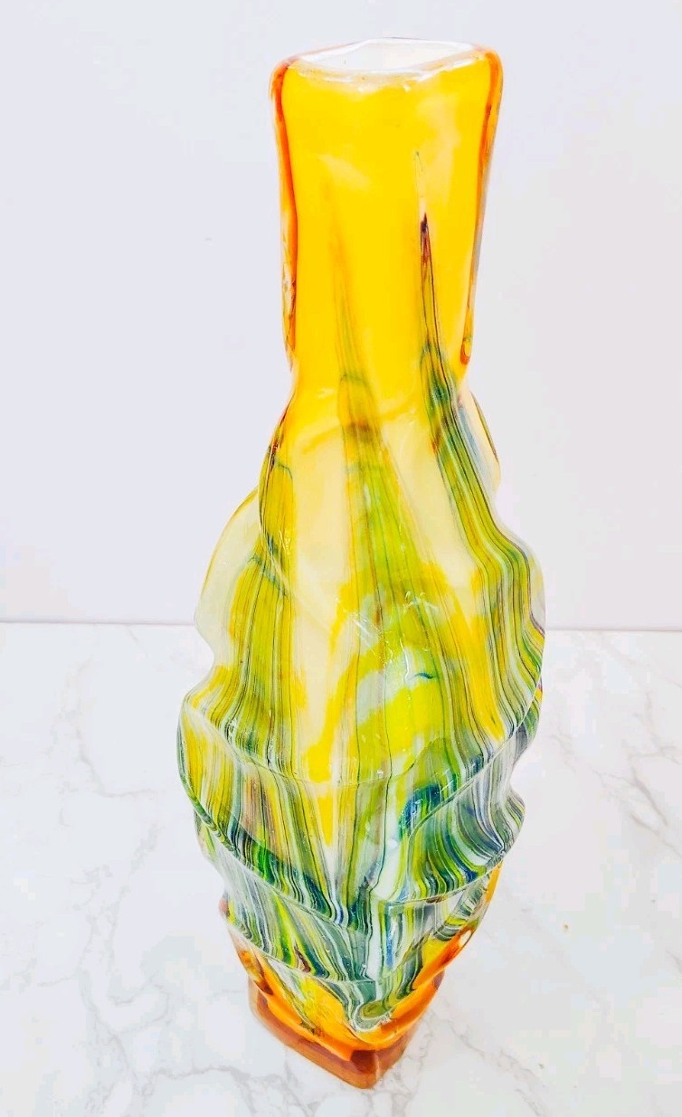 Murano Style Hand Blown Art Glass Vase Sculptural Yellow Free Form 15.5”