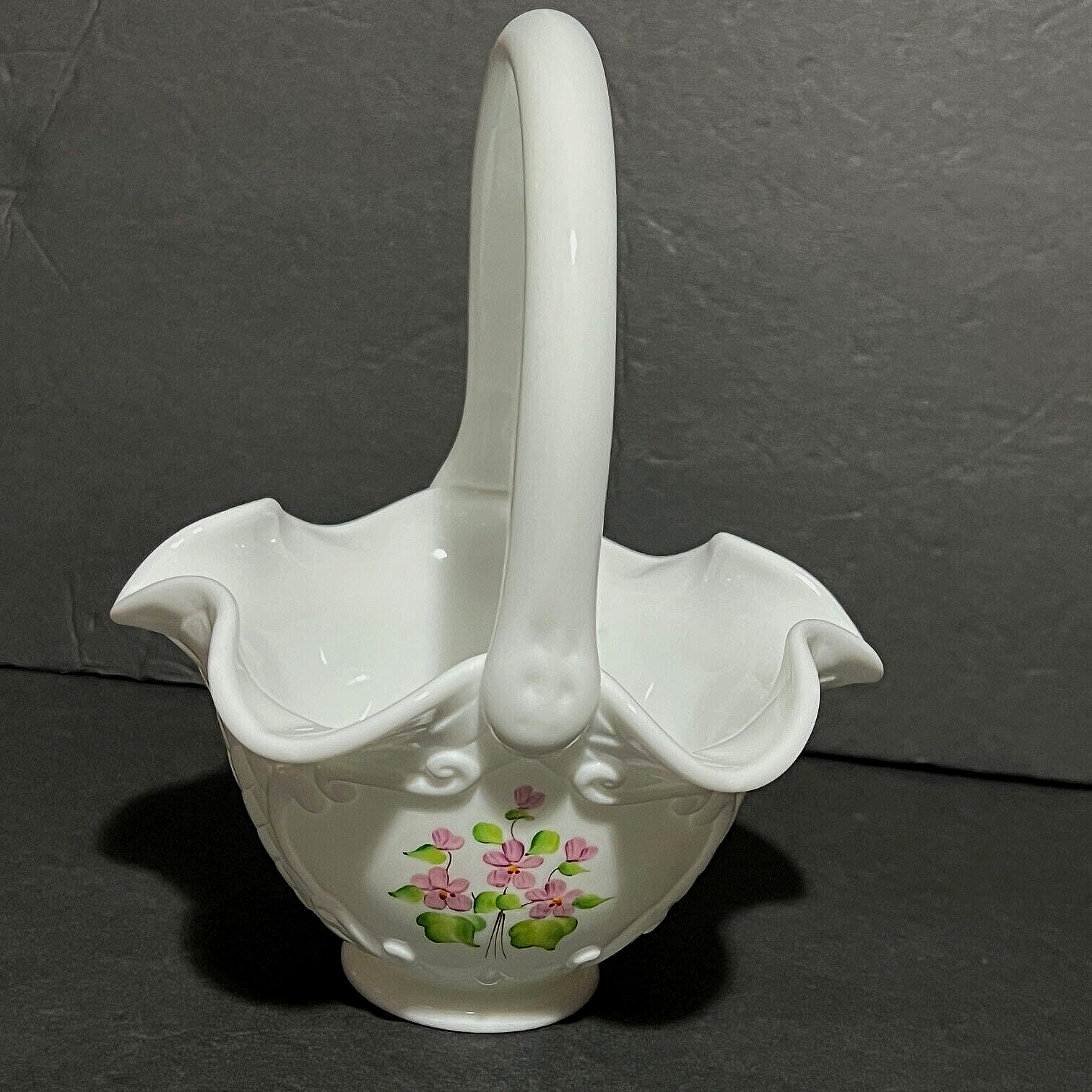 Vtg Fenton Milk Glass Basket Hand Painted Signed Weave Design Violets in Snow