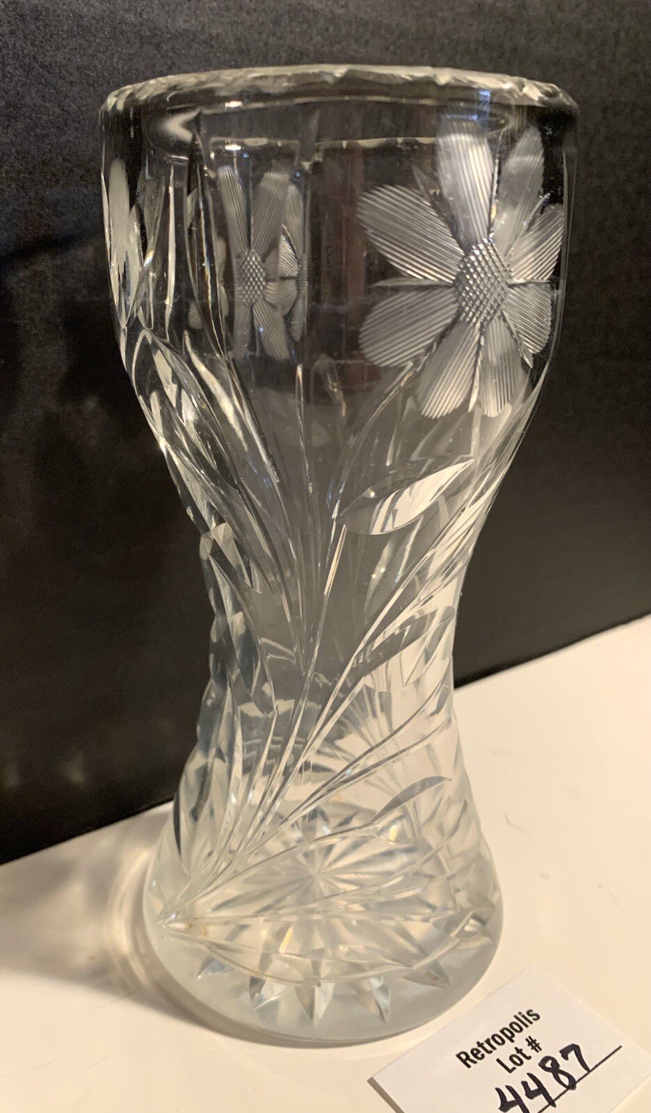 Antique American Brilliant Cut Glass Daisy Corset Hourglass Vase 6″