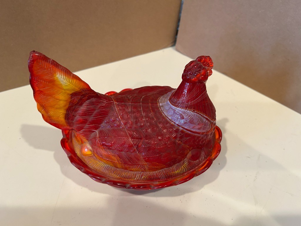 L.G. Wright Satin Slag Glass Hen on Nest 8 Inch