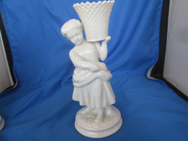Belleek Victorian Boy and Girl Basket Candle Holders Ireland 6th & 7th Mark Vtg