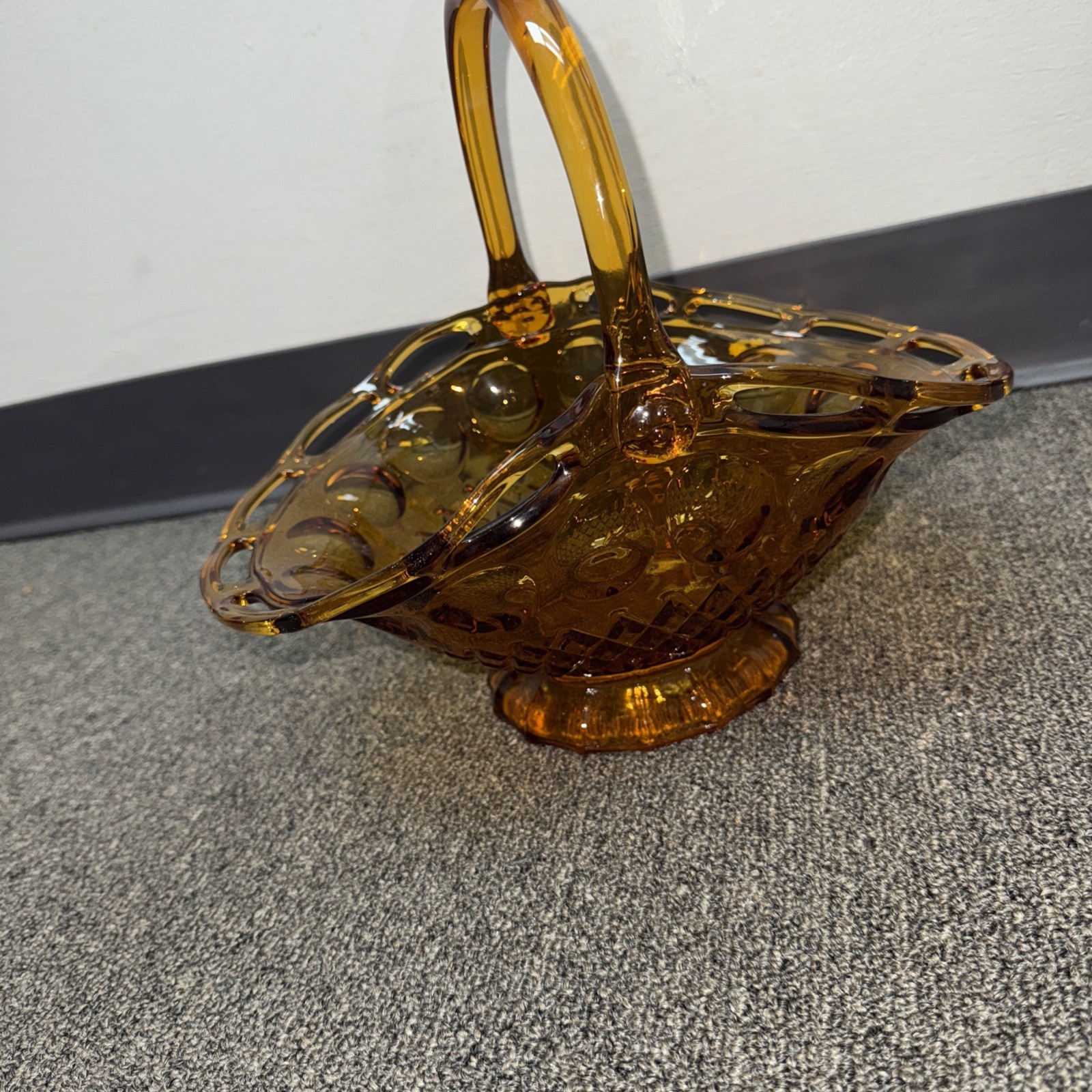 Vintage Pitman Dreitzer Colony Large Open Lave Edge Amber Glass Basket Handle