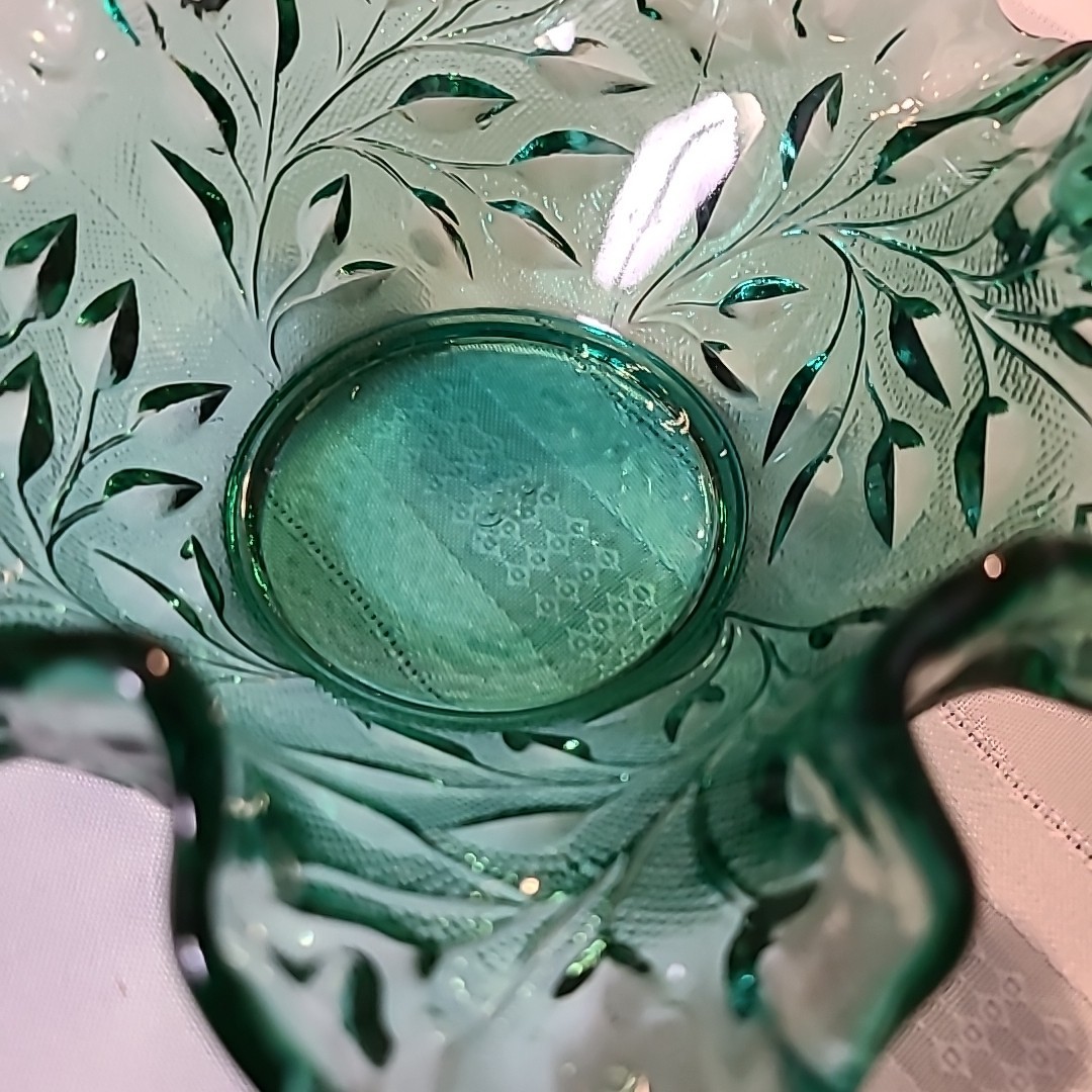 Vintage Fenton Art Glass Green Basket Twisted Handle Candy Dish 7″H & 7″D