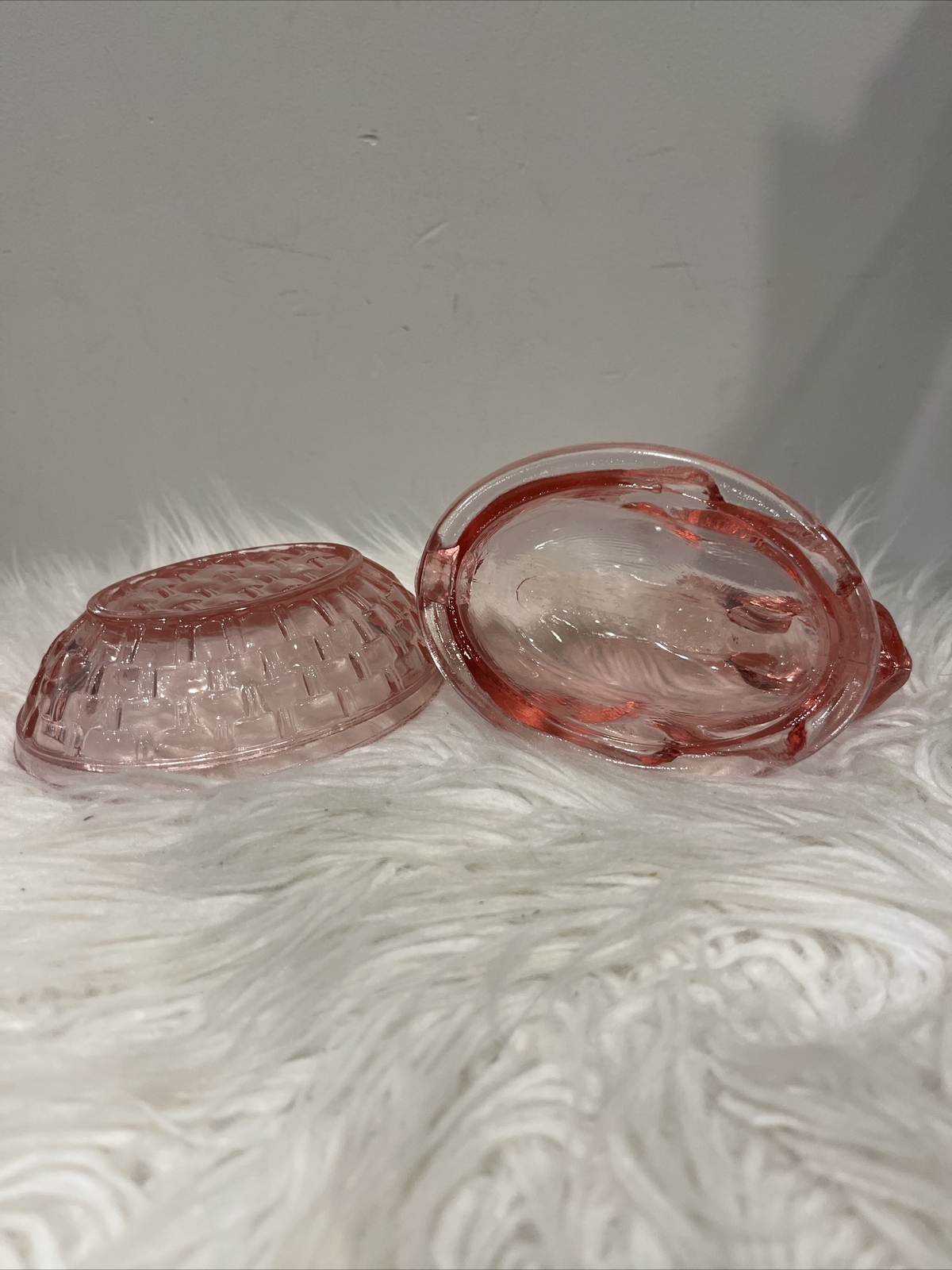 (2) Vintage Small Bunny Rabbits on Baskets – 1 Pink Glass & 1 Clear Glass 4.5”