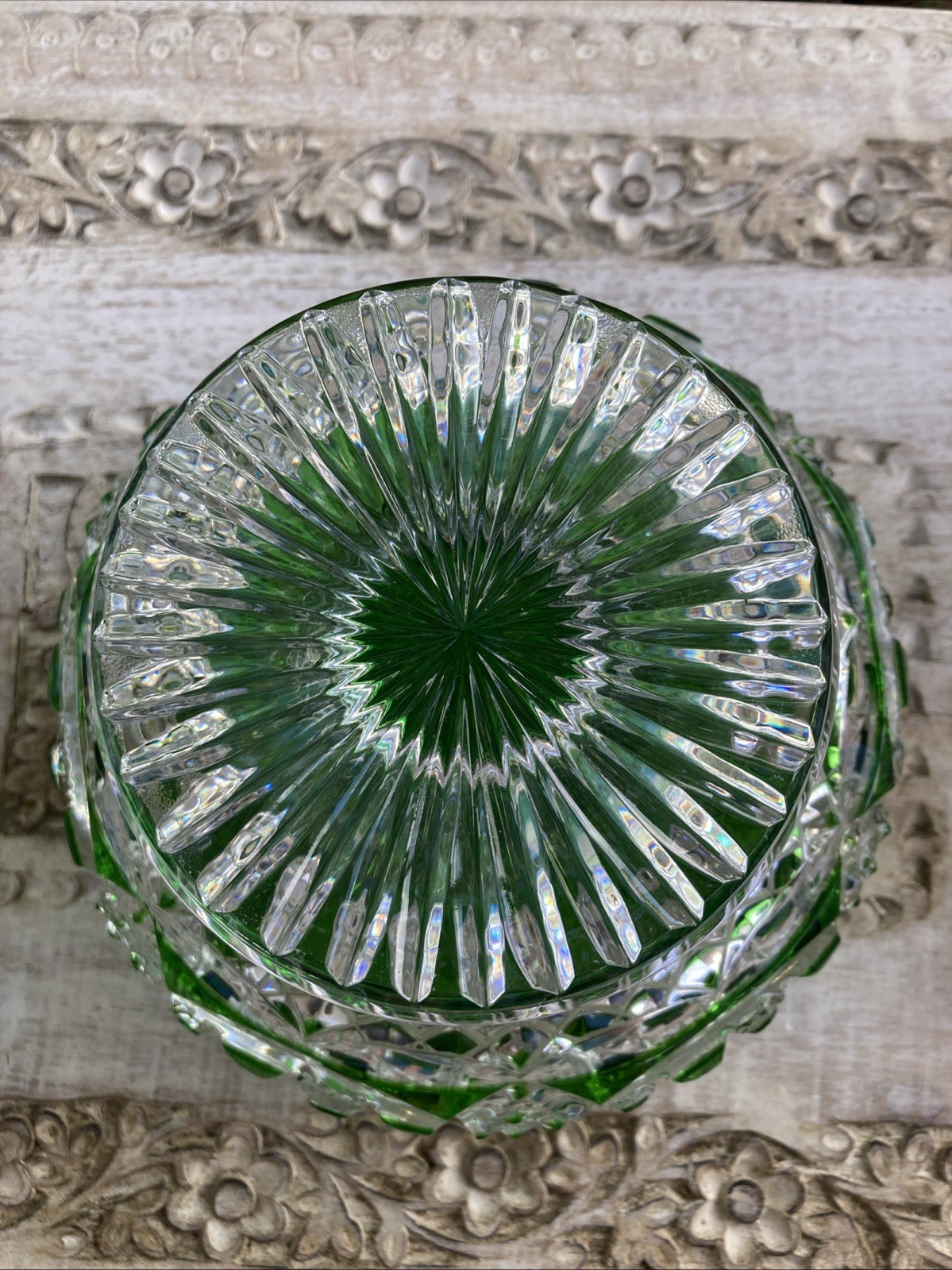 Vintage Czech Bohemian Emerald Crystal Cut to Clear Centerpiece Bowl Compote