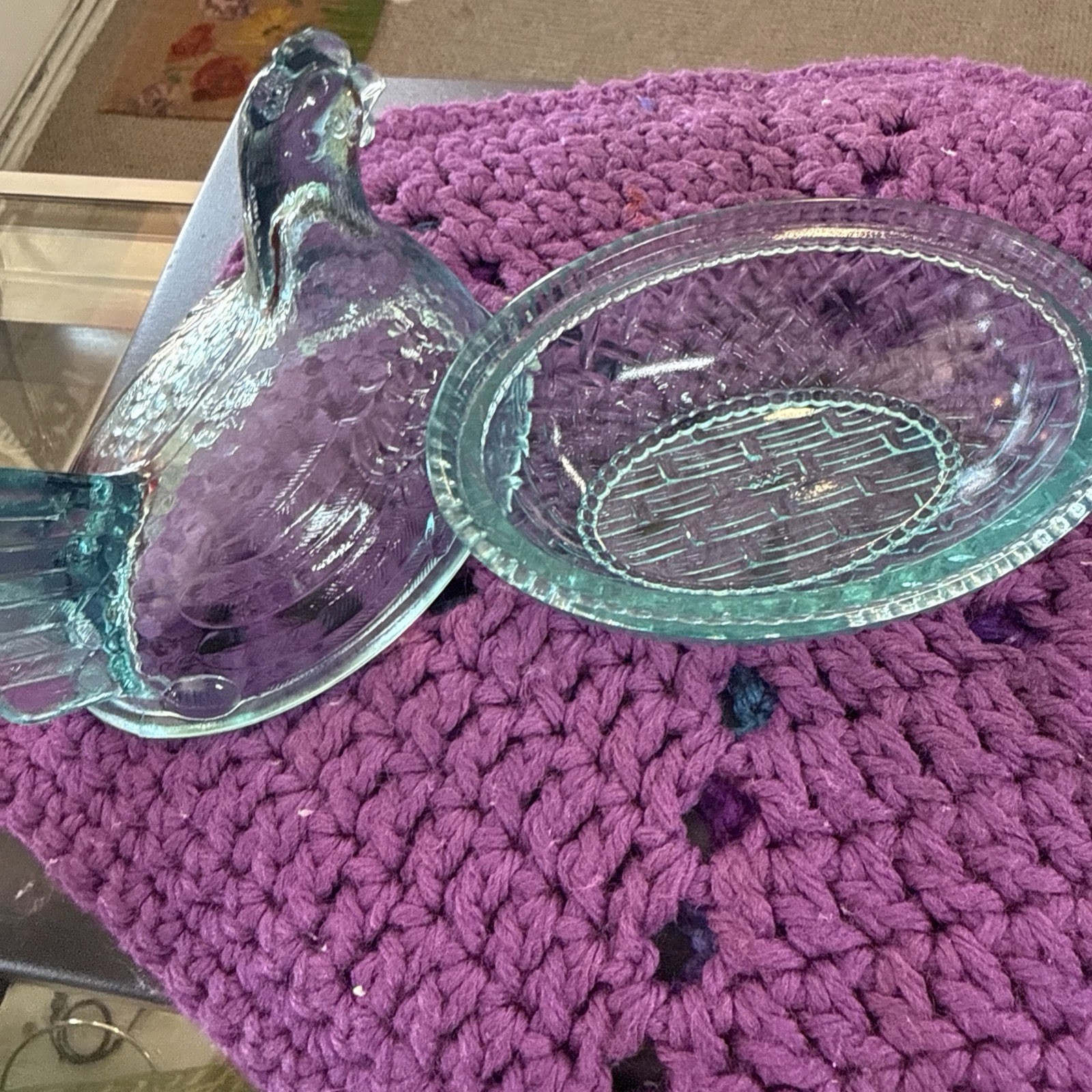 Vintage Aqua Blue Glass Hen on Nest Covered Dish 5″ Manganese UV Glow Chicken