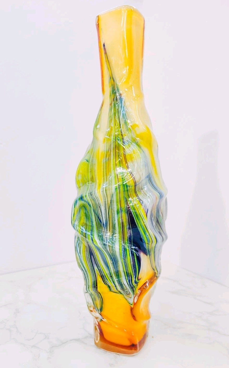 Murano Style Hand Blown Art Glass Vase Sculptural Yellow Free Form 15.5”
