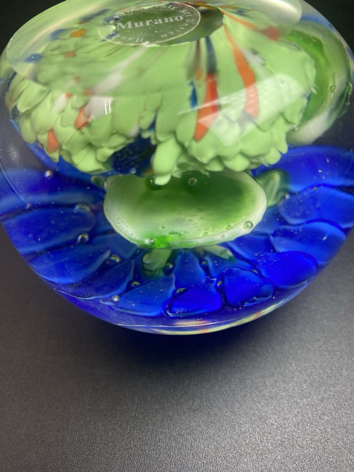 Murano Blue Floral Paperweight Handmade in Italy w/ MURANO Sticker