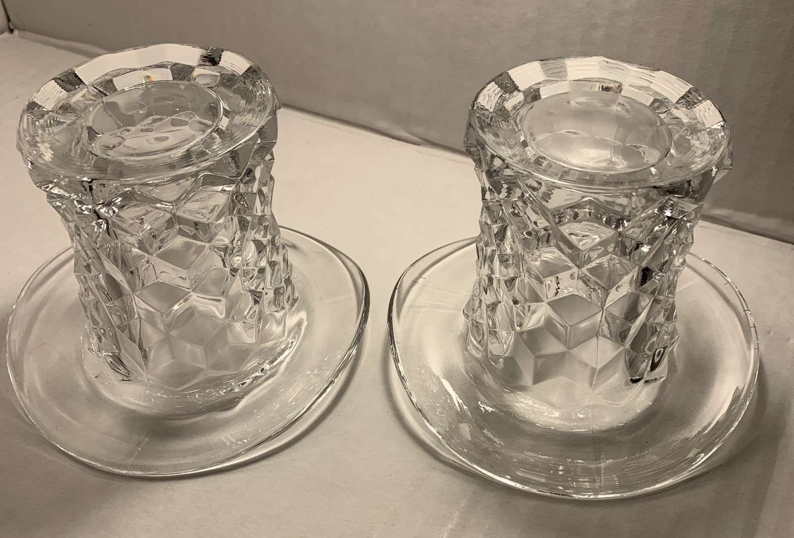 Vintage Fostoria American Cube Pattern Cubist Top Hat Vase Clear Set Of 2