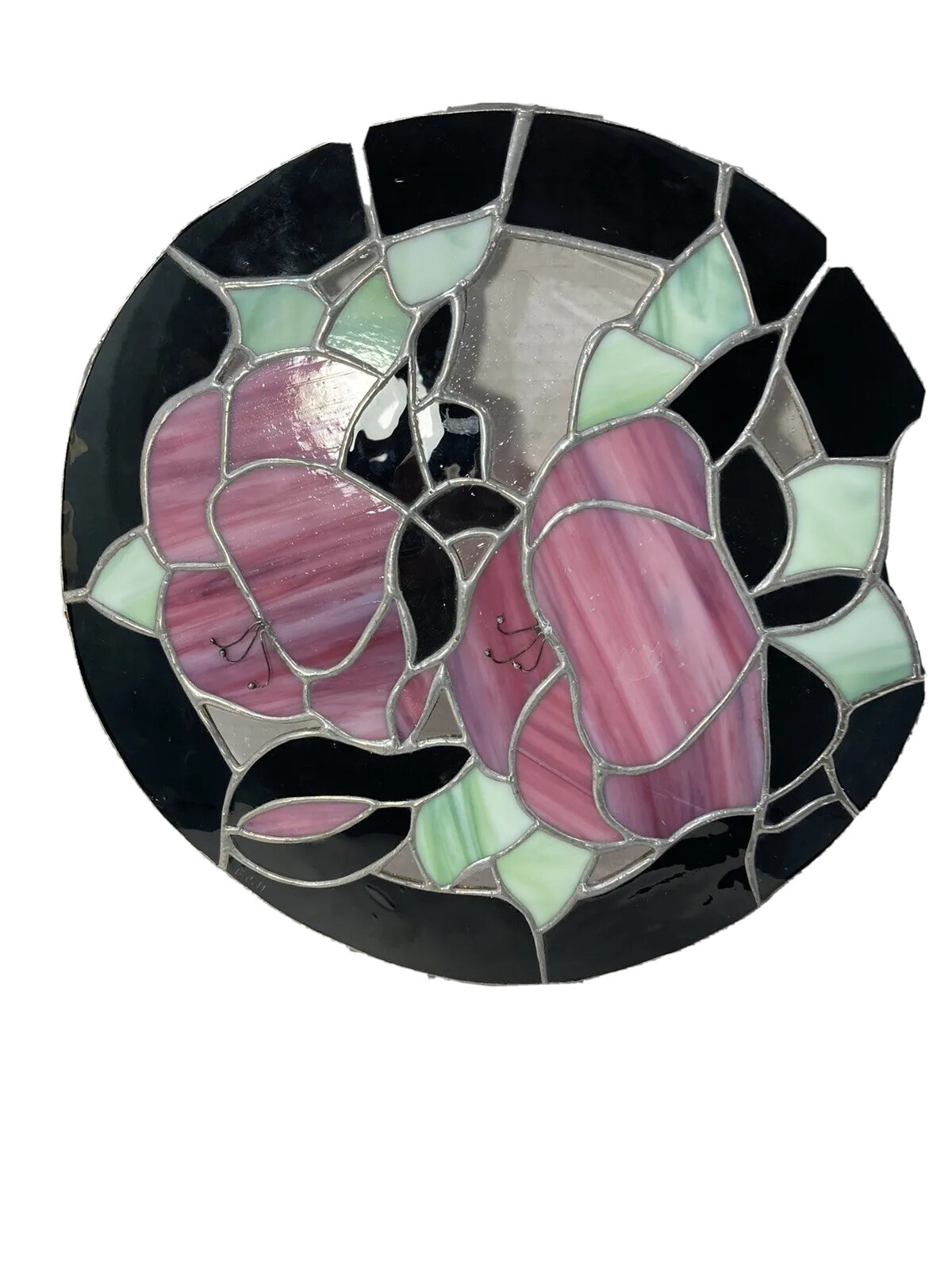 Leaded Stained Glass 12” Round Panel-Pink Floral Black Border Hand Made & Signed