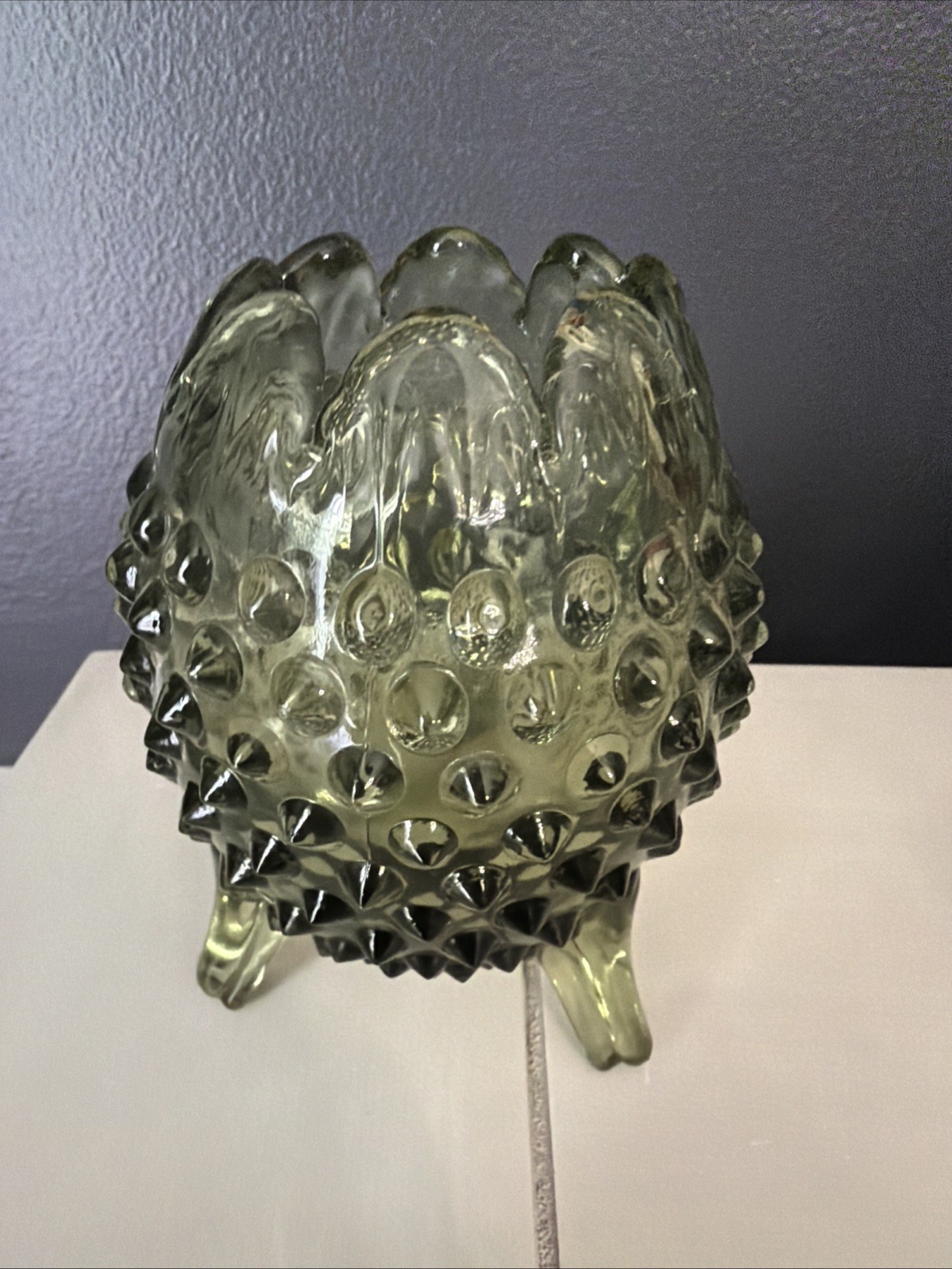 Vintage Fenton Colonial Green Hobnail 3 Footed Toe Egg Vase Candy Spring 5″