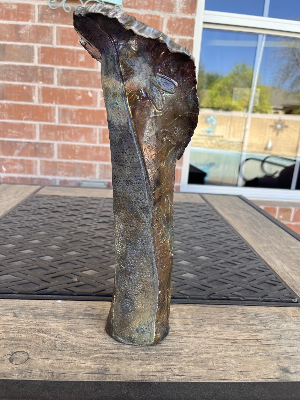 Handmade Raku Pottery Vase 14” Iridescent Studio Art Sculptural Vessel Unique