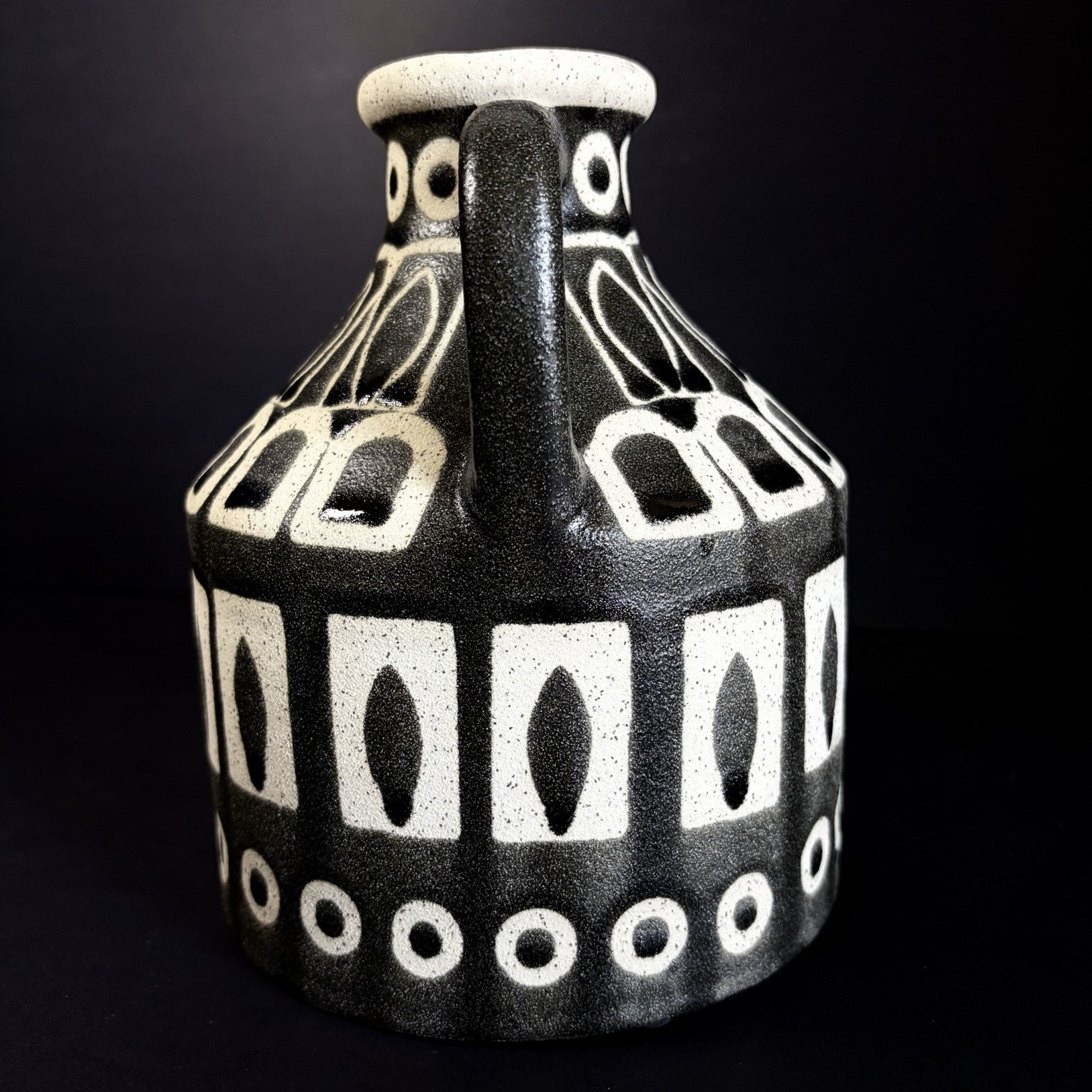 Vintage Mid Century Modern Abstract Art Pottery Jug Vase Geometric Black White