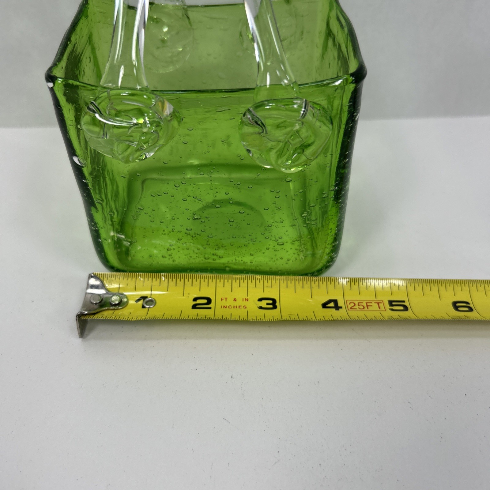 Vintage Hand Blown Green Glass Purse Bag Vase 7” Tall W/ handle 4” Wide