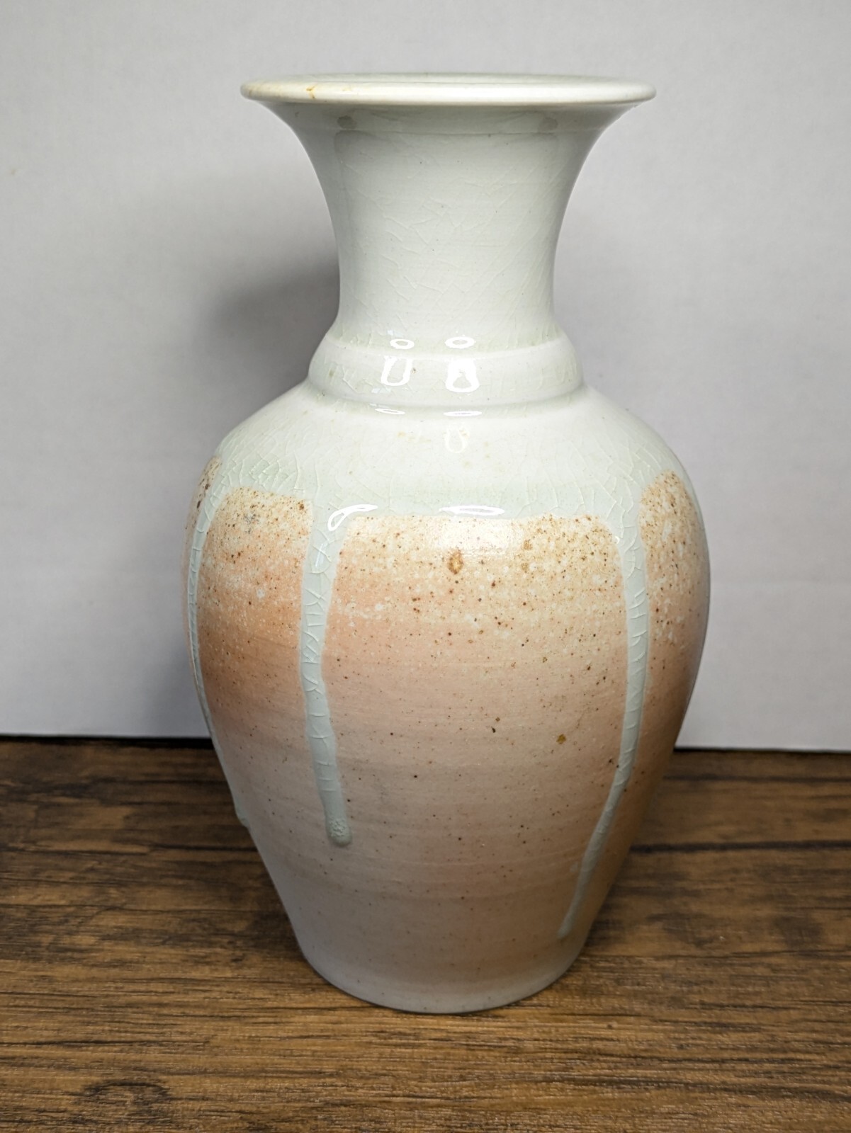 Vintage – 6¼” White on Peach Drip Glaze Bud Vase, Studio Pottery Marked