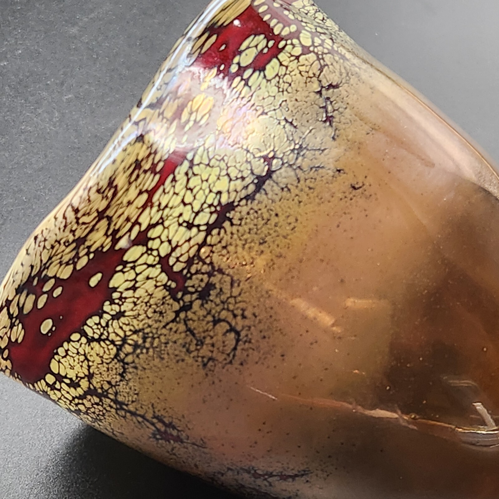 Signed Fire On The Mountain Art Glass Vase Brown Red Freeform Cased 2003 4.5″T