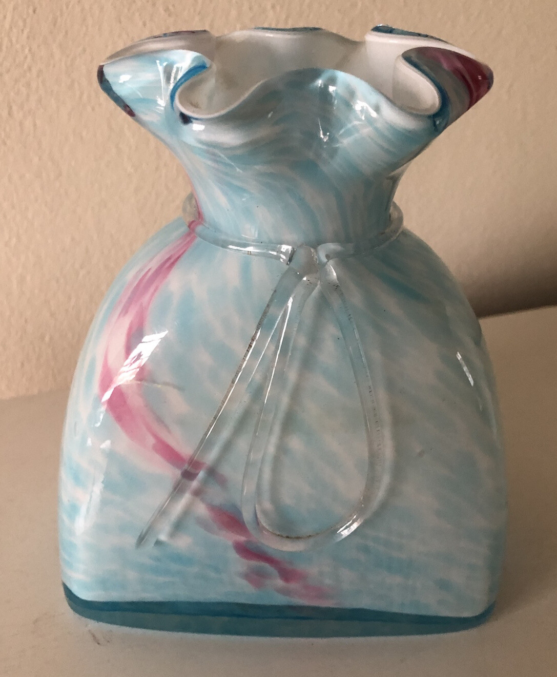 Studio Art Glass Milk Pink Turquoise Blue Vase with Ruffled Top & Ribbon