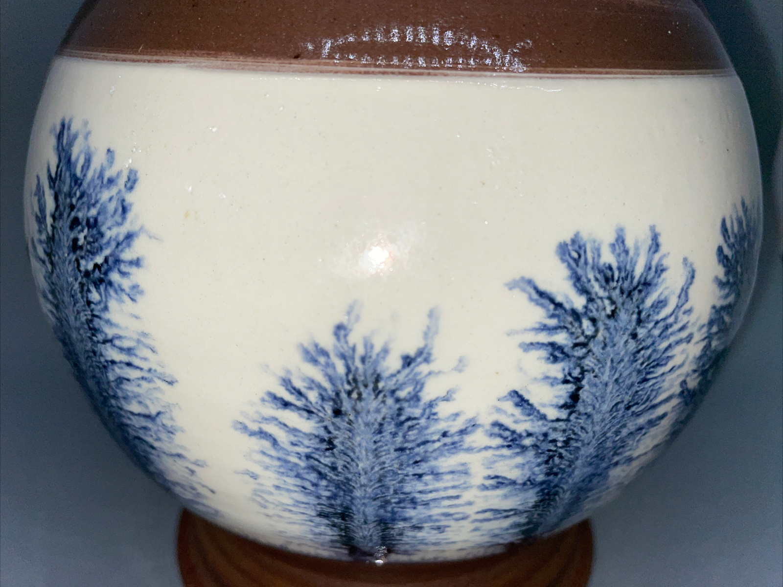 SIGNED STUDIO ART POTTERY VASE WITH ABSTRACT TREES BROWN BLUE 8″ TALL NICE!