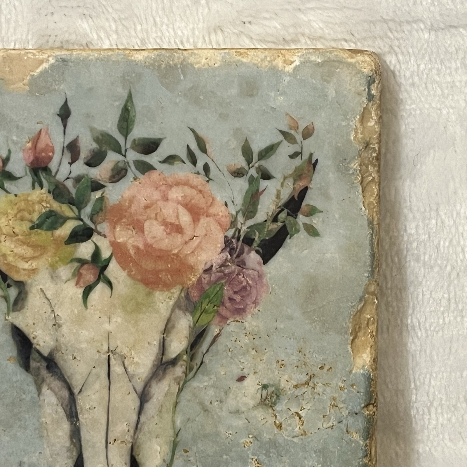 Southwestern Themed Ceramic Tile Coaster Animal Skull Floral Distressed Design