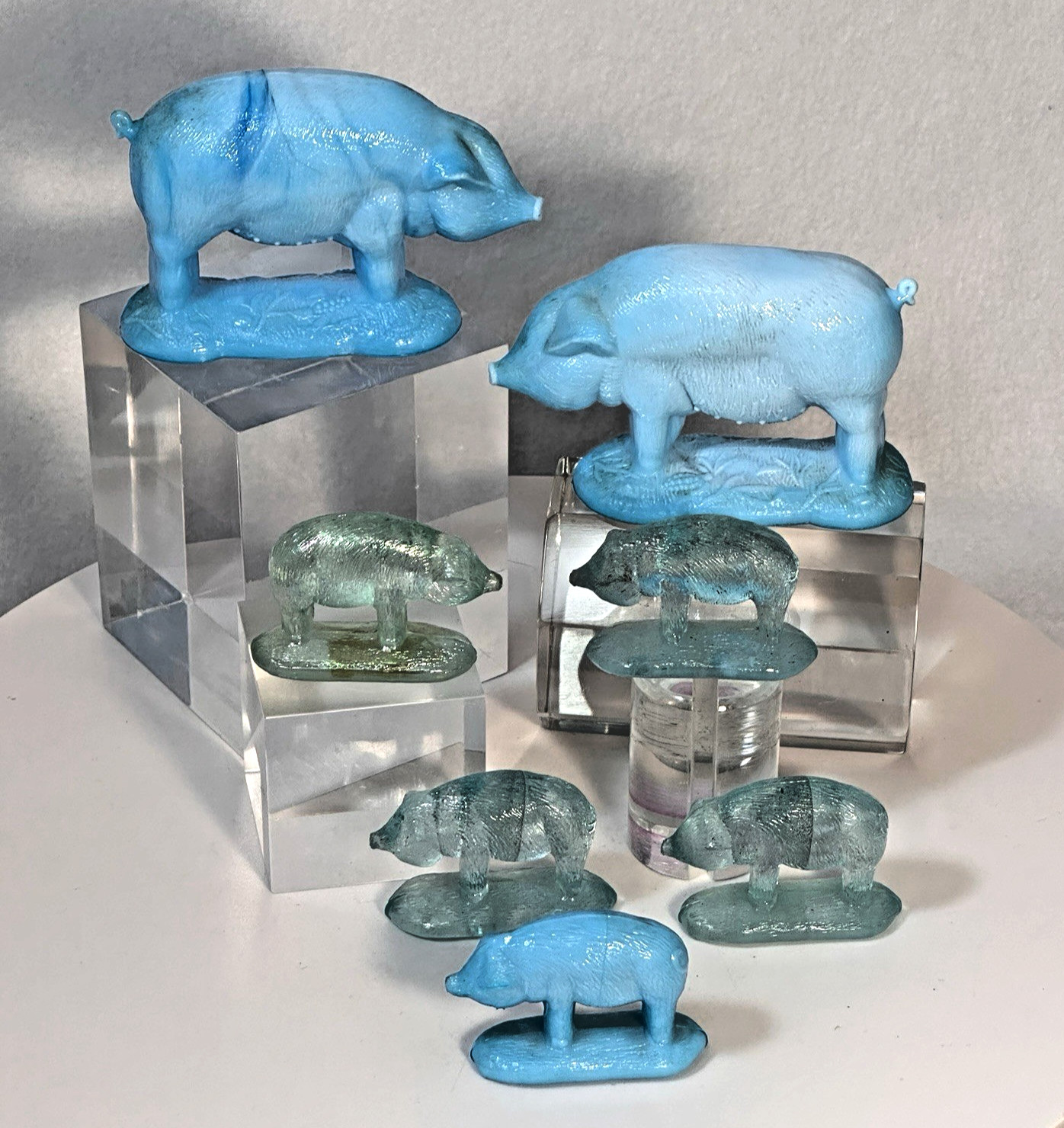 VTG Summit Art Glass Blue Pig Lot of 7 pc Swirl Slag Milk Carnival Lg Mini Pigs