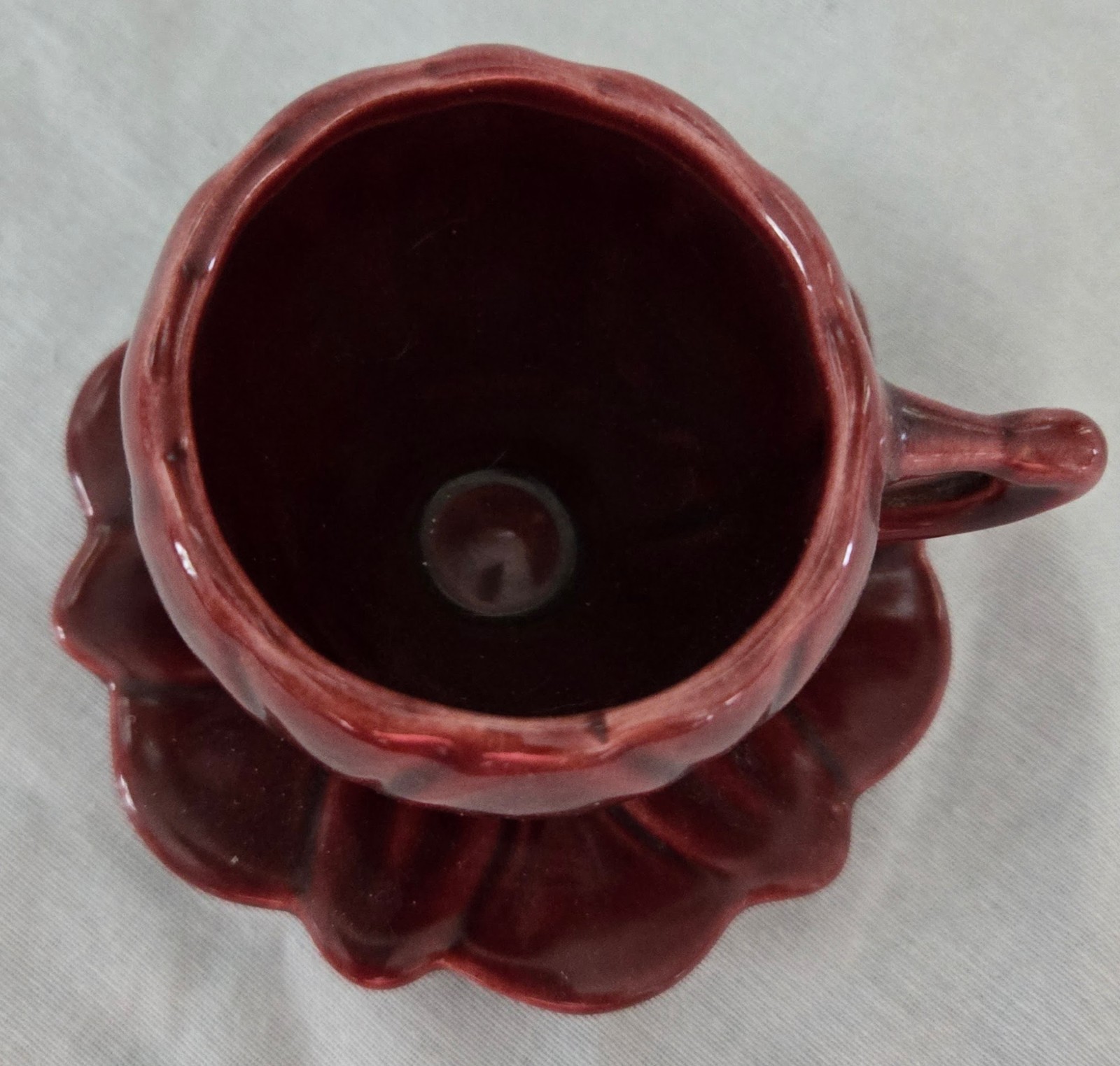 Vintage Camark Lotus Teacup Saucer Burgundy Oxblood Arkansas Pottery