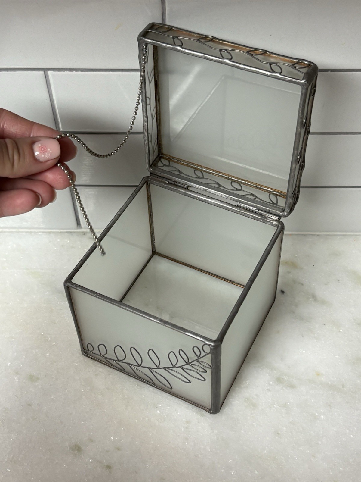 Frosted Glass Storage Box Leaf Design, 4” Square