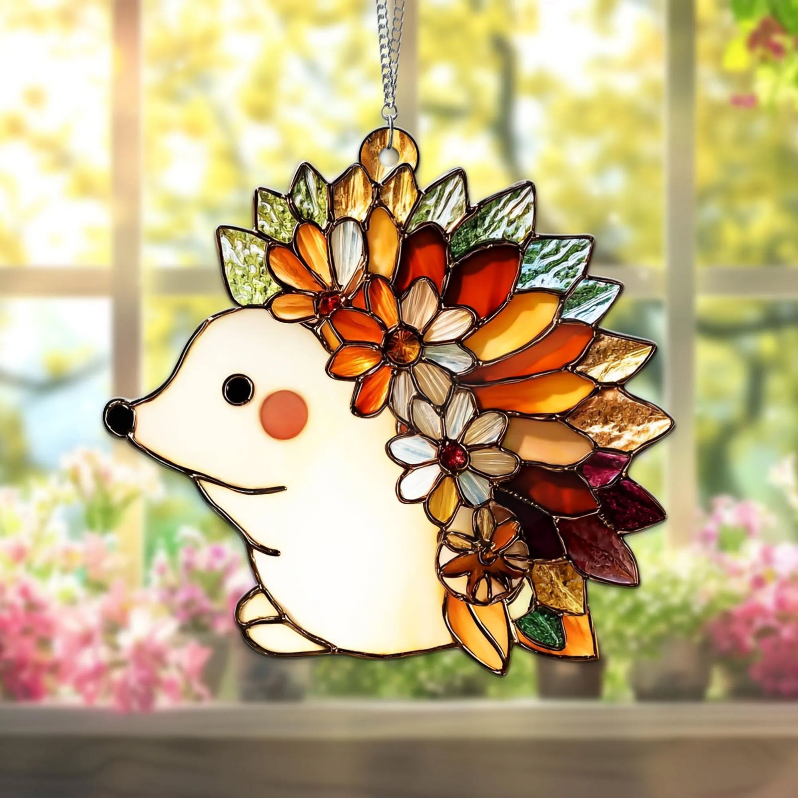Hedgehog Acrylic Window Hanging Cute Animal Suncatcher Floral Fall Decor Gift